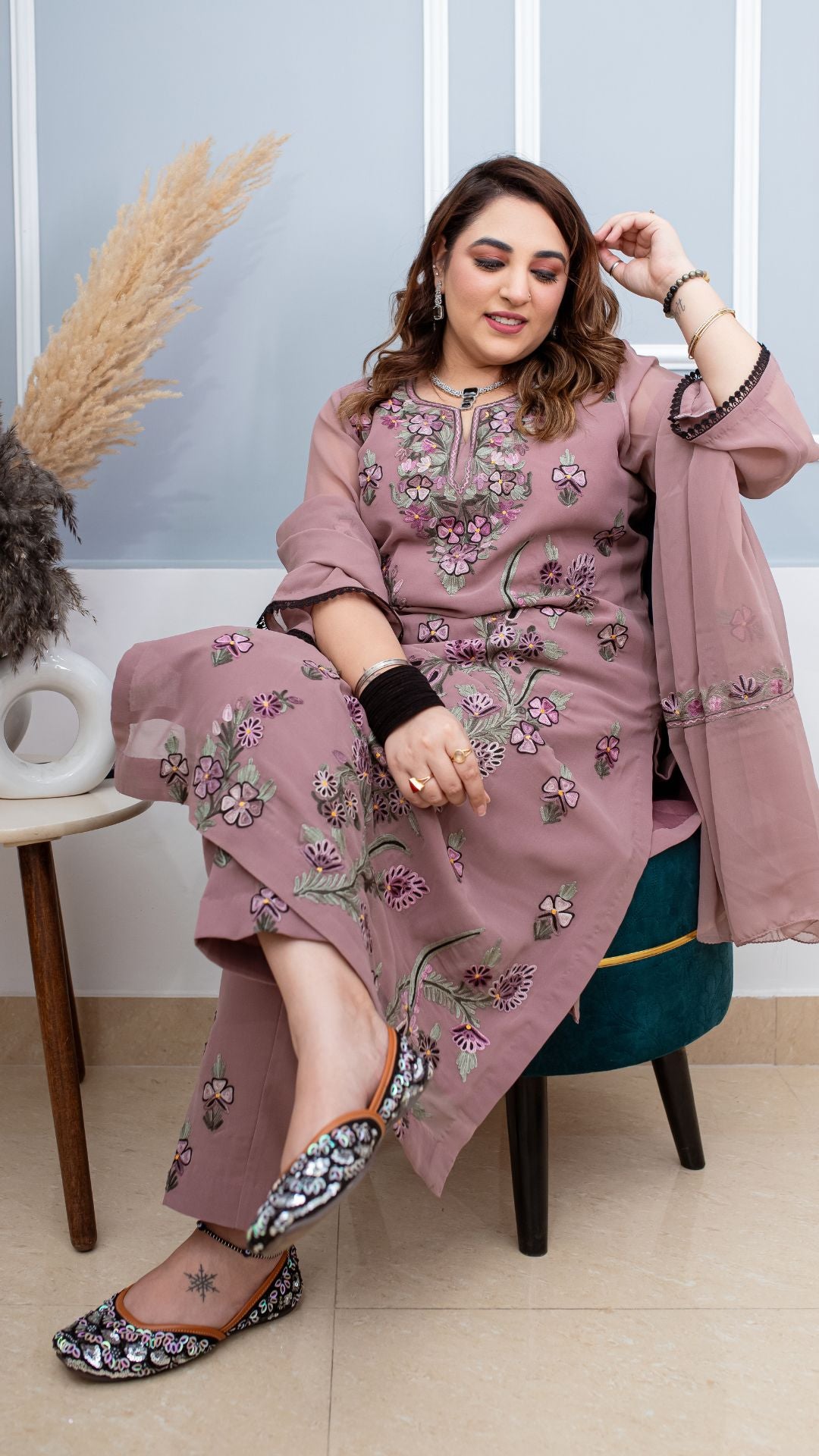 Rosy Brown Embroidered Three-piece Georgette Suit - Kashmir Box