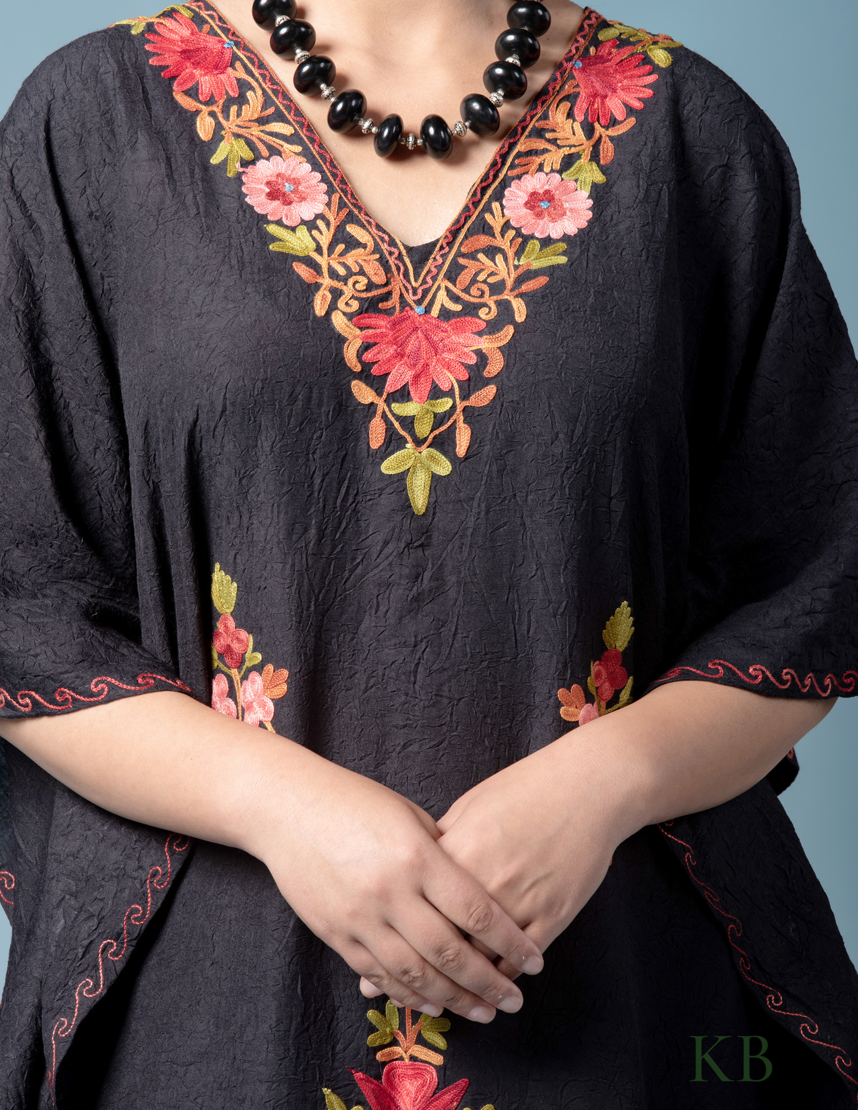Black Floral Aari Embroidered Summer Cotton Kaftan - Kashmir Box