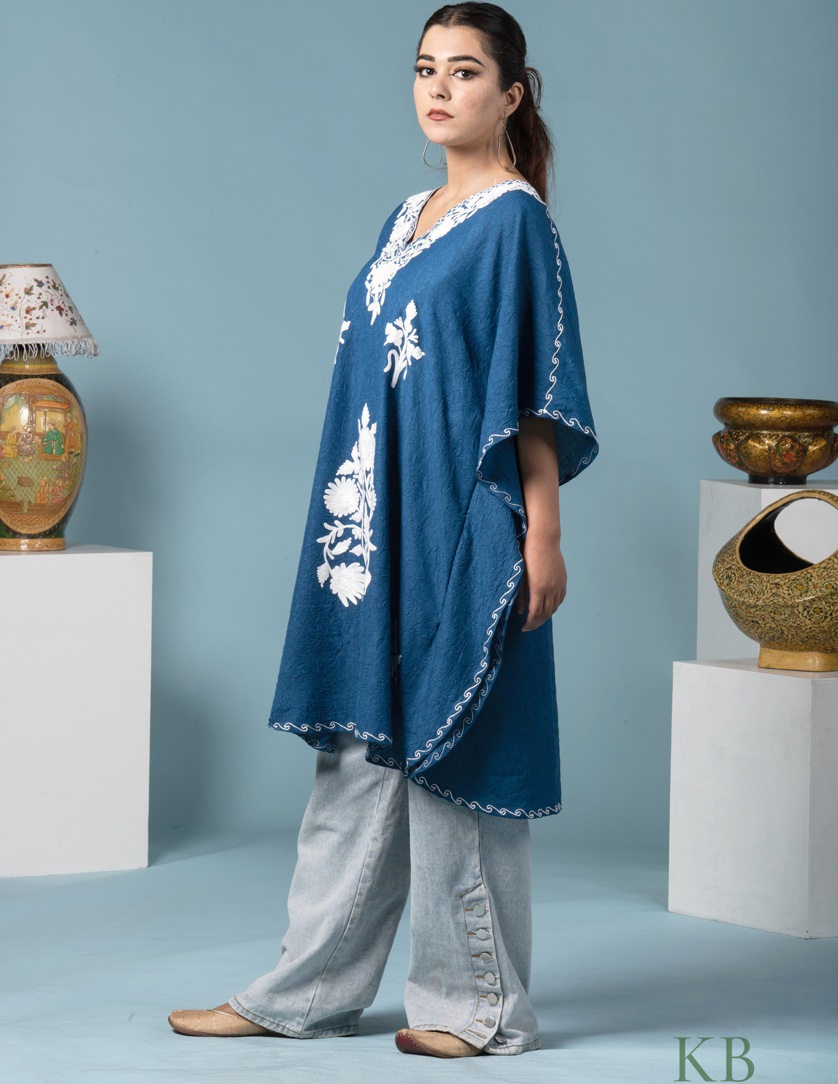 Classic Blue Cotton Aari Embroidered Short Summer Kaftan - Kashmir Box