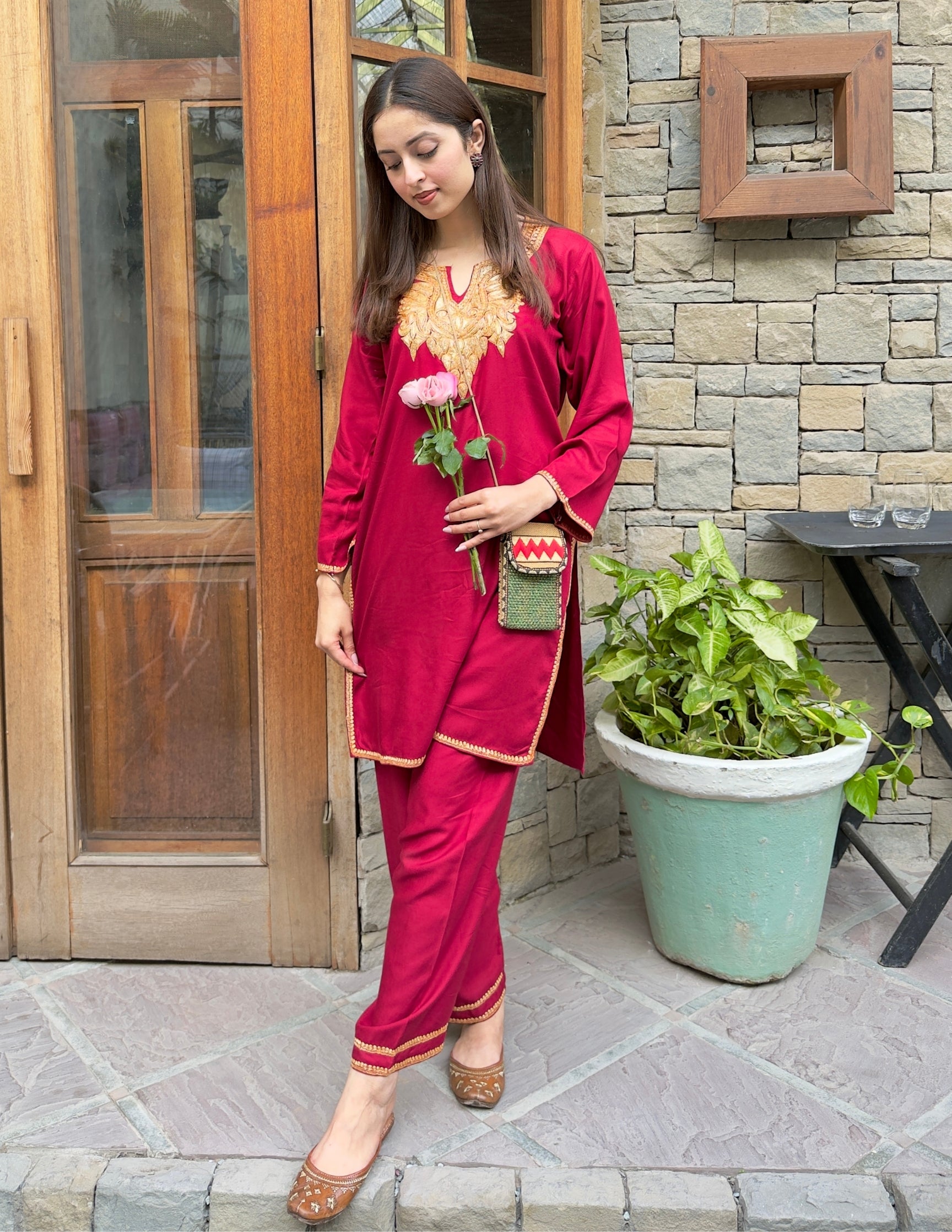 Kashmiri Golden Boti Tilla Embroidered Woollen Coordset – Maroon | Handcrafted Heritage