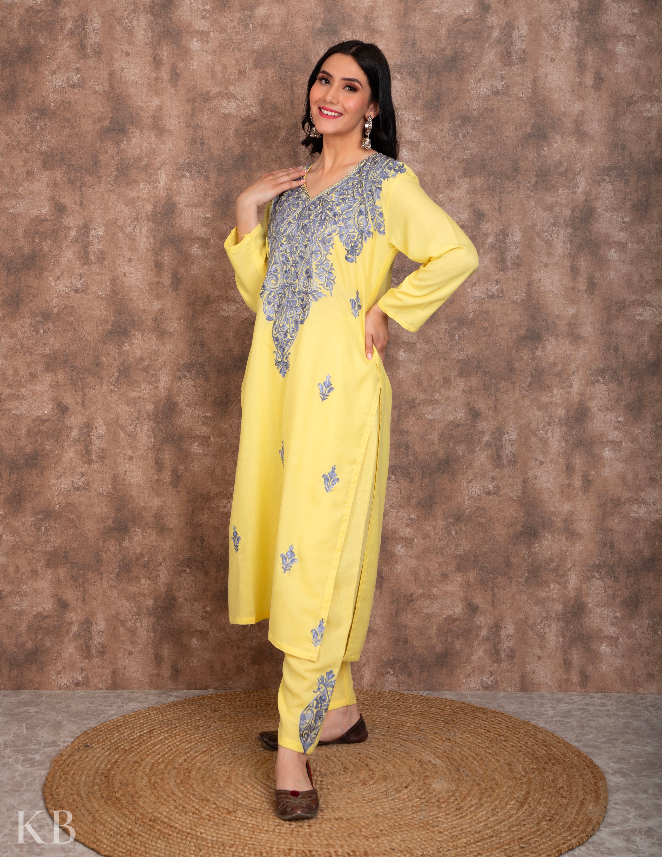 Lemon Aari embroidered Cotton Suit with Dupatta - Kashmir Box