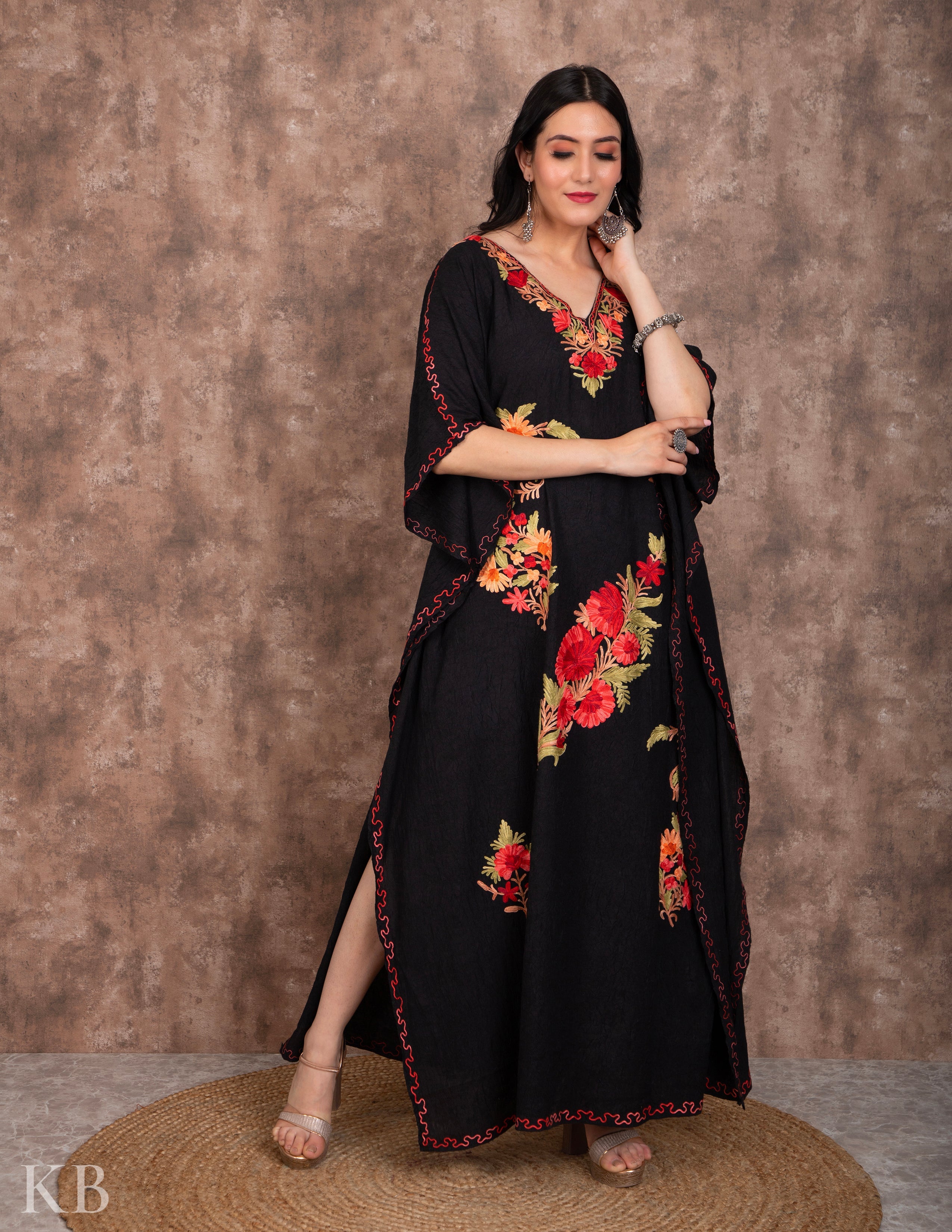 Elegant Black Aari Work Summer Cotton Kaftan - Kashmir Box