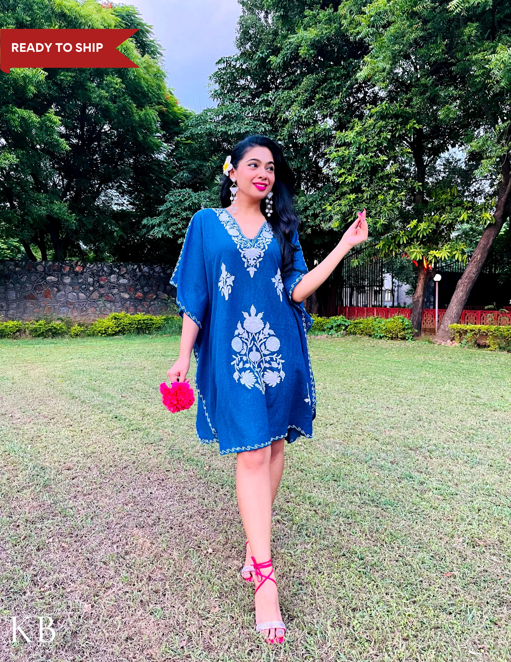 Classic Blue Cotton Aari Embroidered Short Summer Kaftan - Kashmir Box