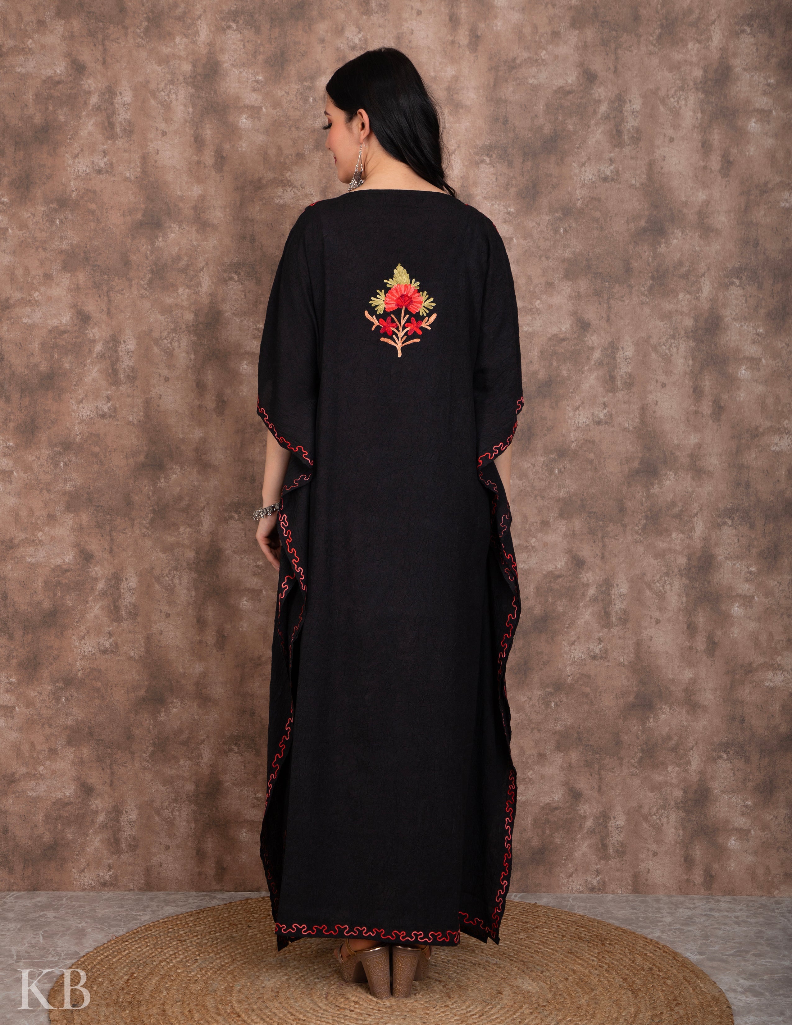 Elegant Black Aari Work Summer Cotton Kaftan - Kashmir Box