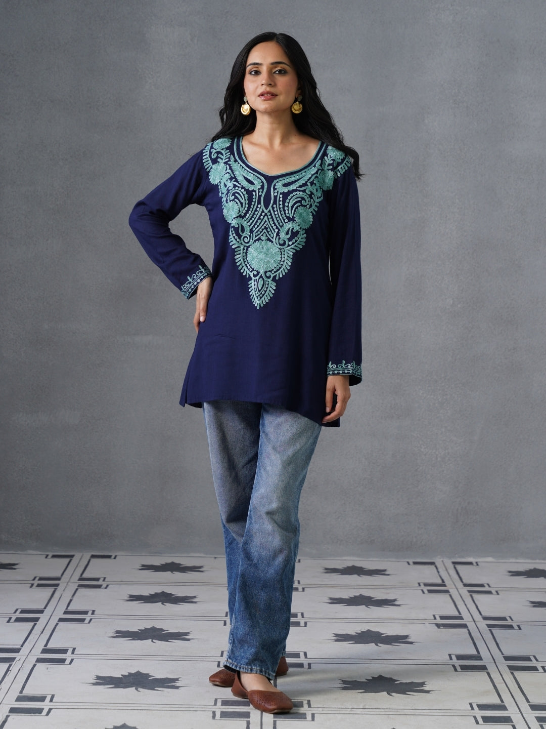 Women’s Navy Blue Kashmiri Aari Embroidered Short Kurti – Casual & Office Wear