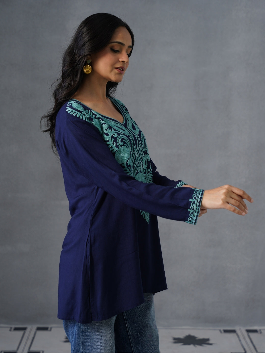 Women’s Navy Blue Kashmiri Aari Embroidered Short Kurti – Casual & Office Wear