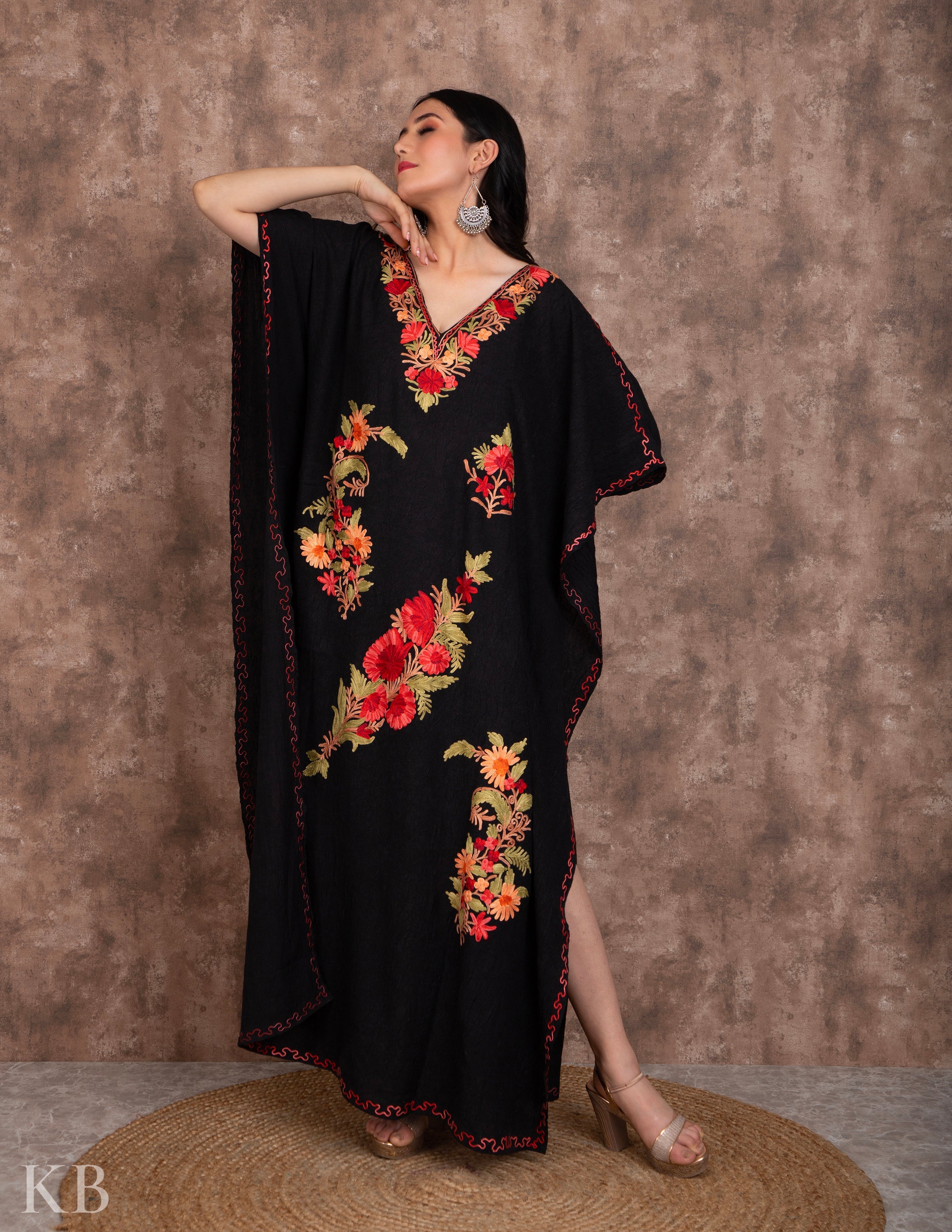 Elegant Black Aari Work Summer Cotton Kaftan - Kashmir Box