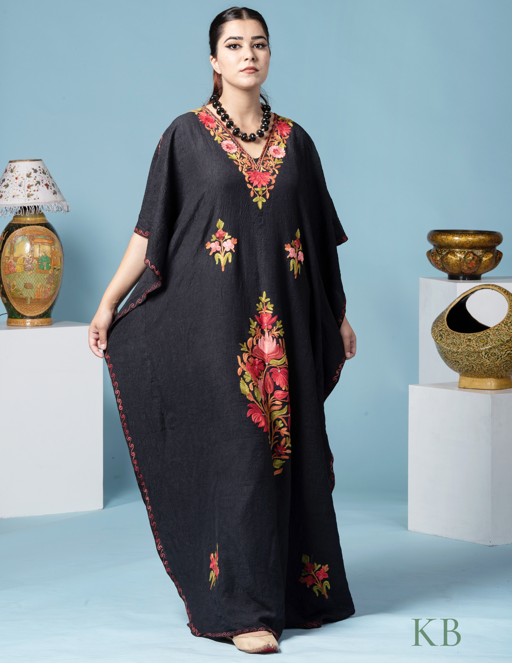 Black Floral Aari Embroidered Summer Cotton Kaftan - Kashmir Box