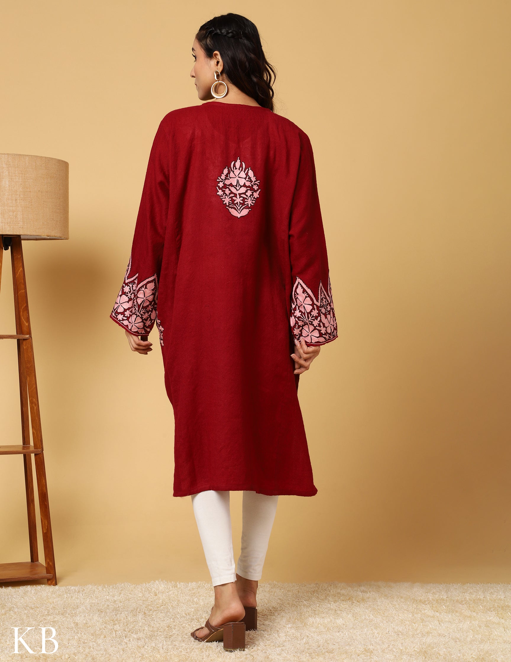 Timeless Maroon Pure Wool Aari Embroidered Phiran - Kashmir Box