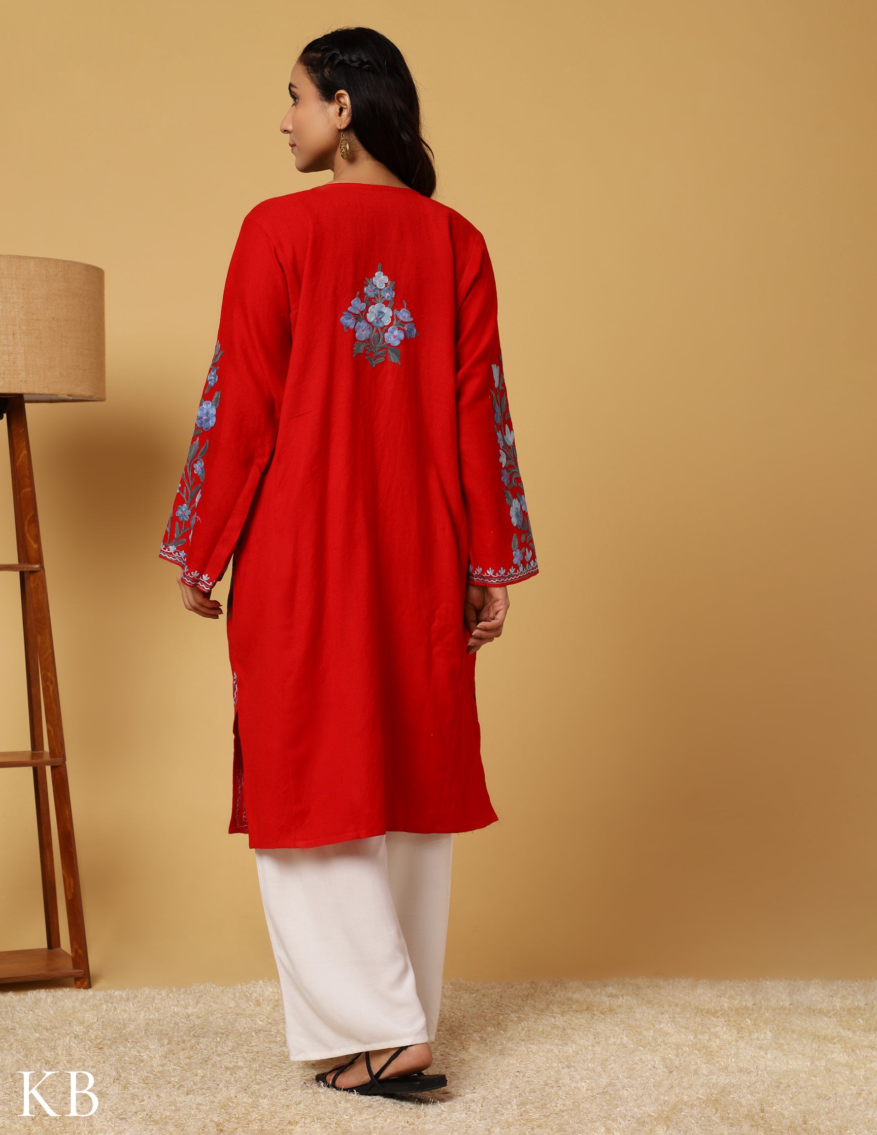 Cherry Red  Aari Embroidered Pure wool Phiran - Kashmir Box