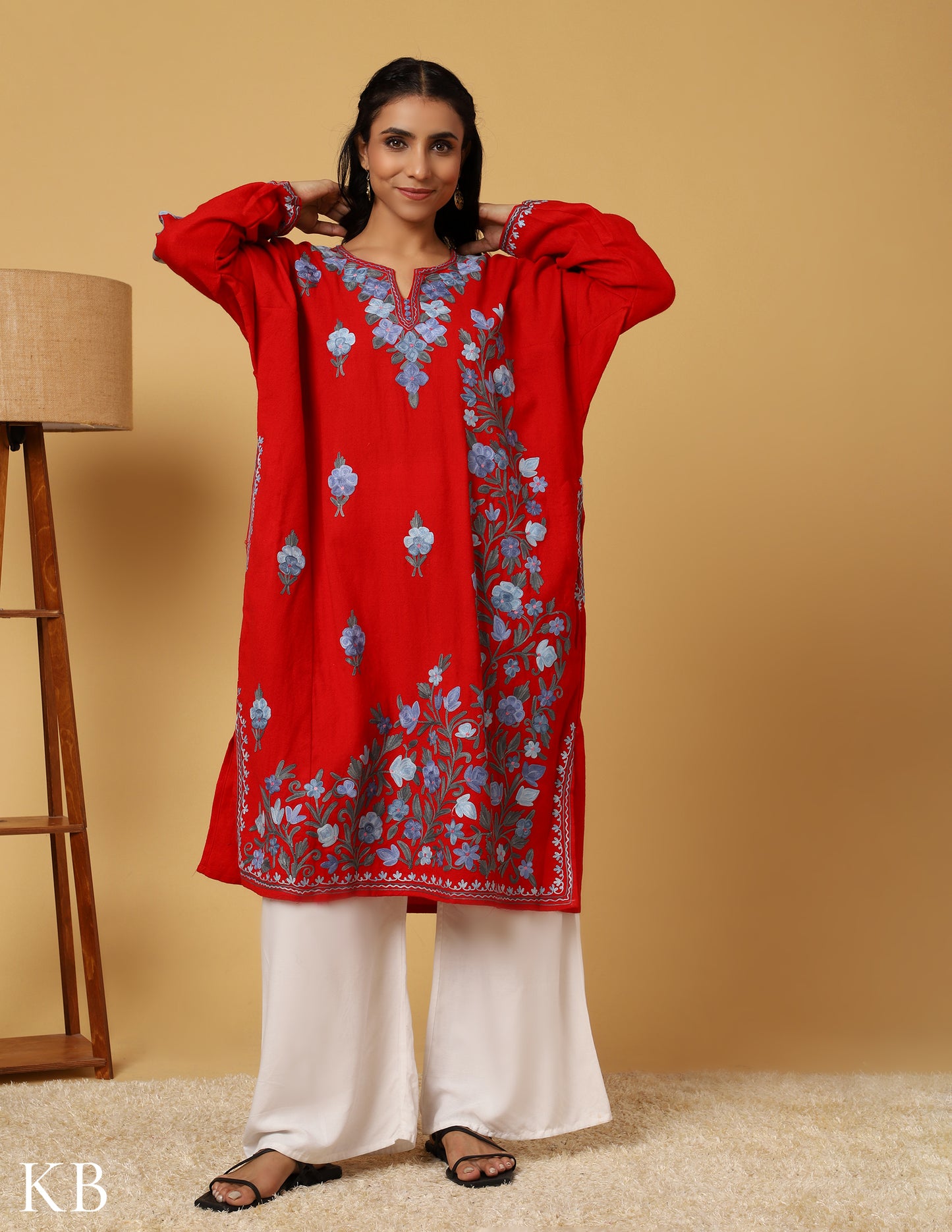 Cherry Red  Aari Embroidered Pure wool Phiran - Kashmir Box