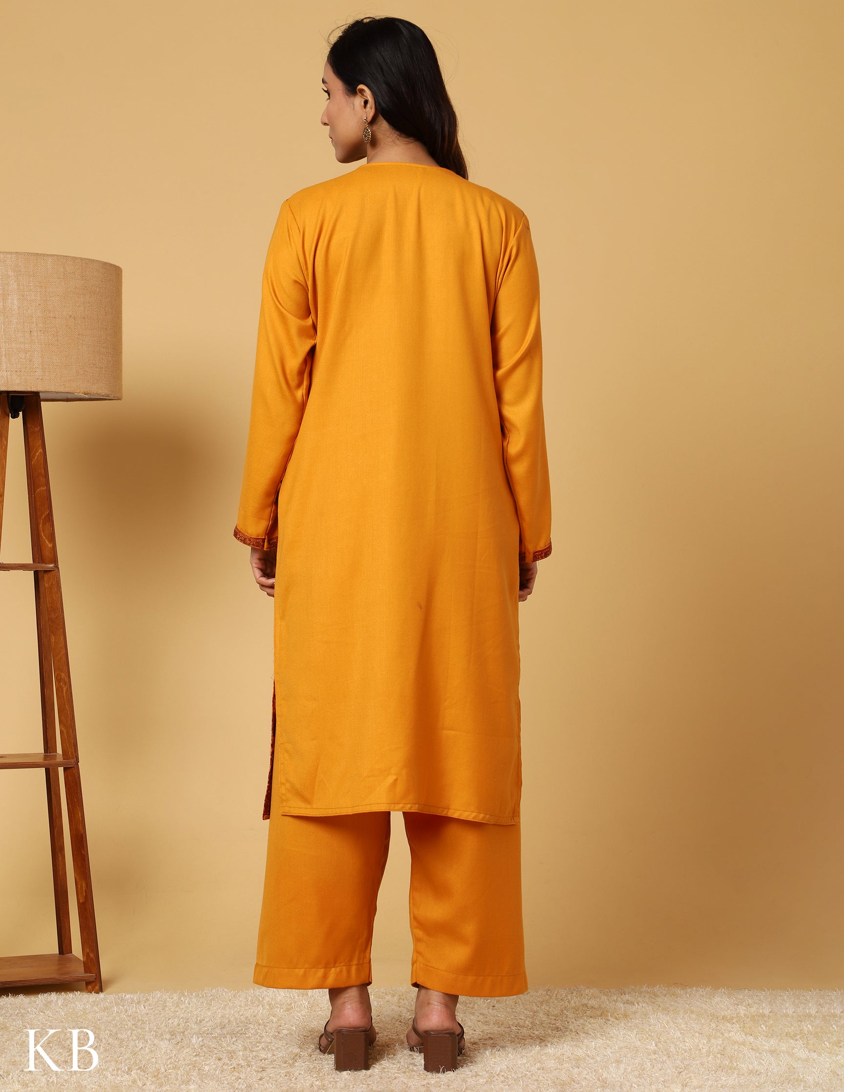 Mustard Marigold Sozni Embroidered Woolen Suit - Kashmir Box