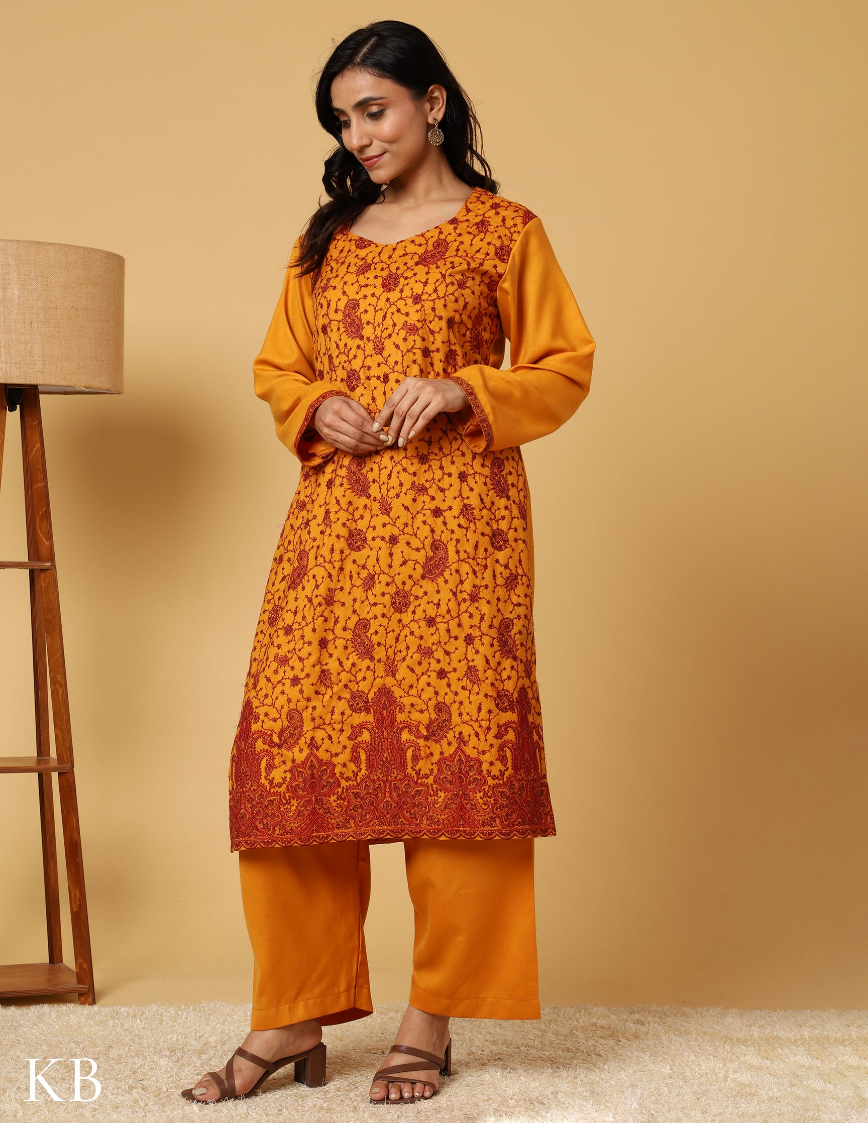 Mustard Marigold Sozni Embroidered Woolen Suit - Kashmir Box