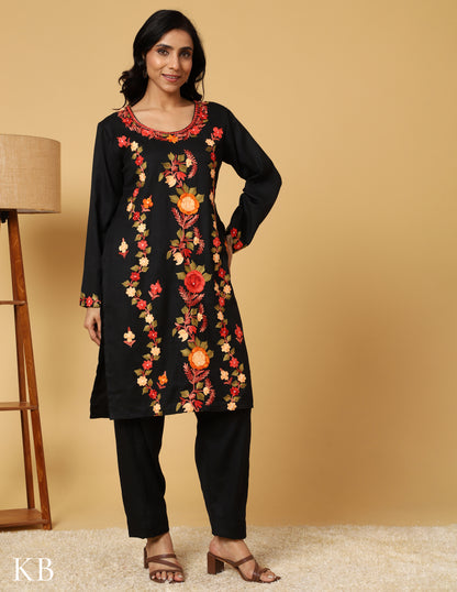 Raven Black Aari Embroidered Woolen Suit Set - Kashmir Box