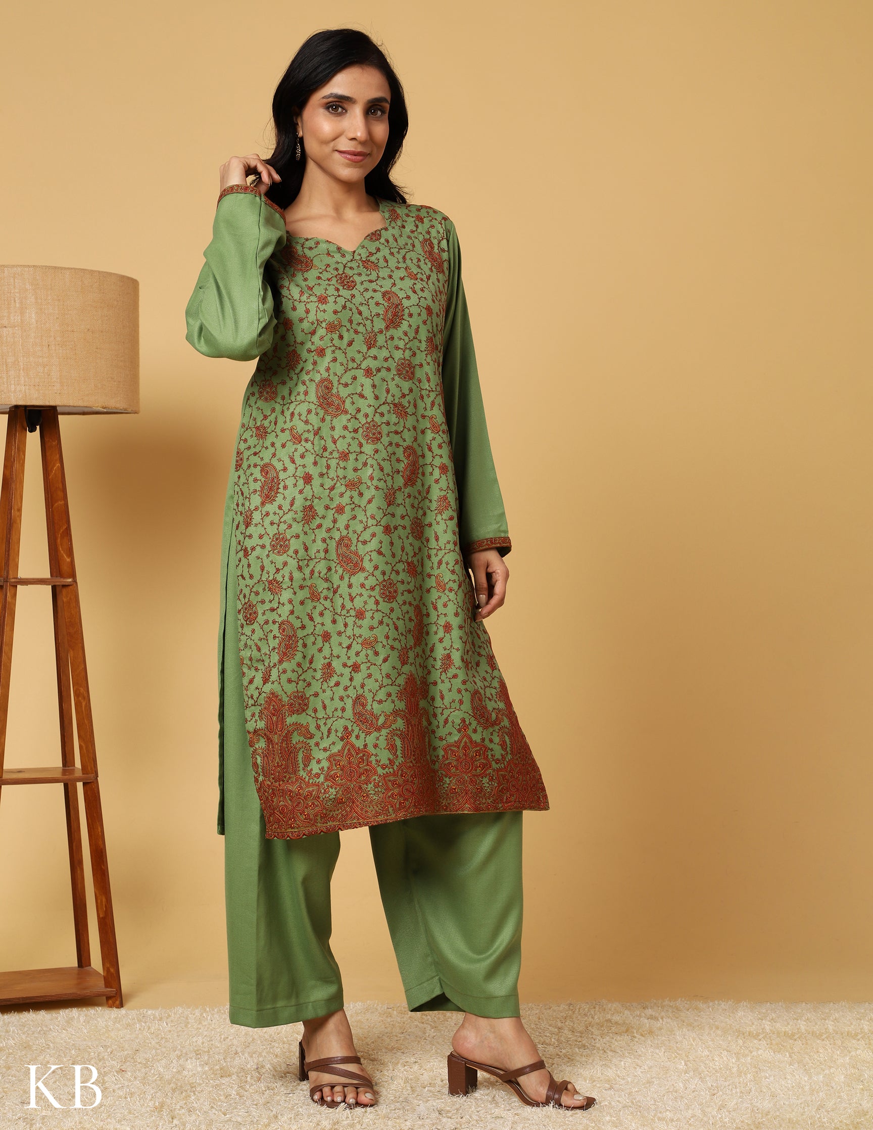 Forest Green Sozni Embroidered Woolen Suit Set - Kashmir Box
