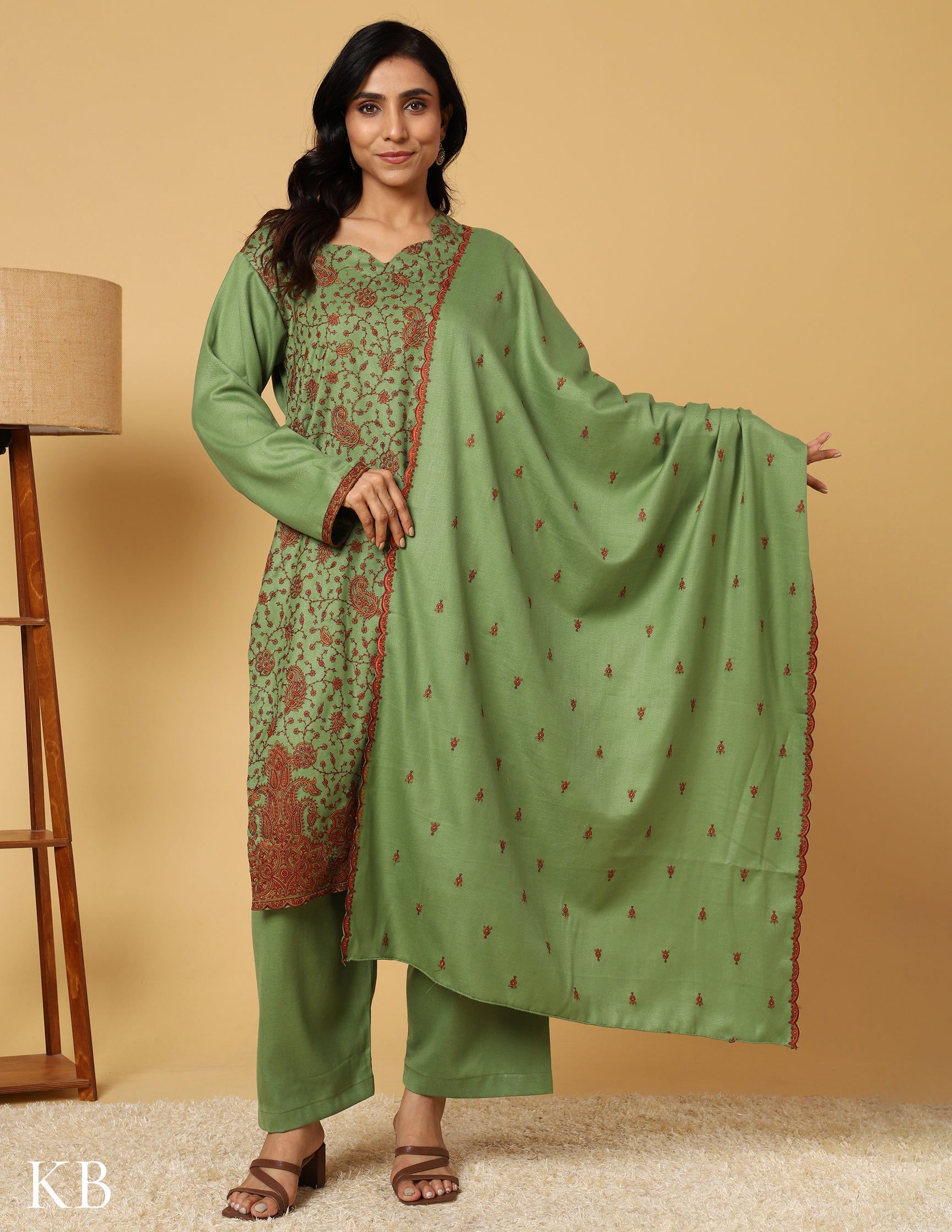 Forest Green Sozni Embroidered Woolen Suit Set - Kashmir Box