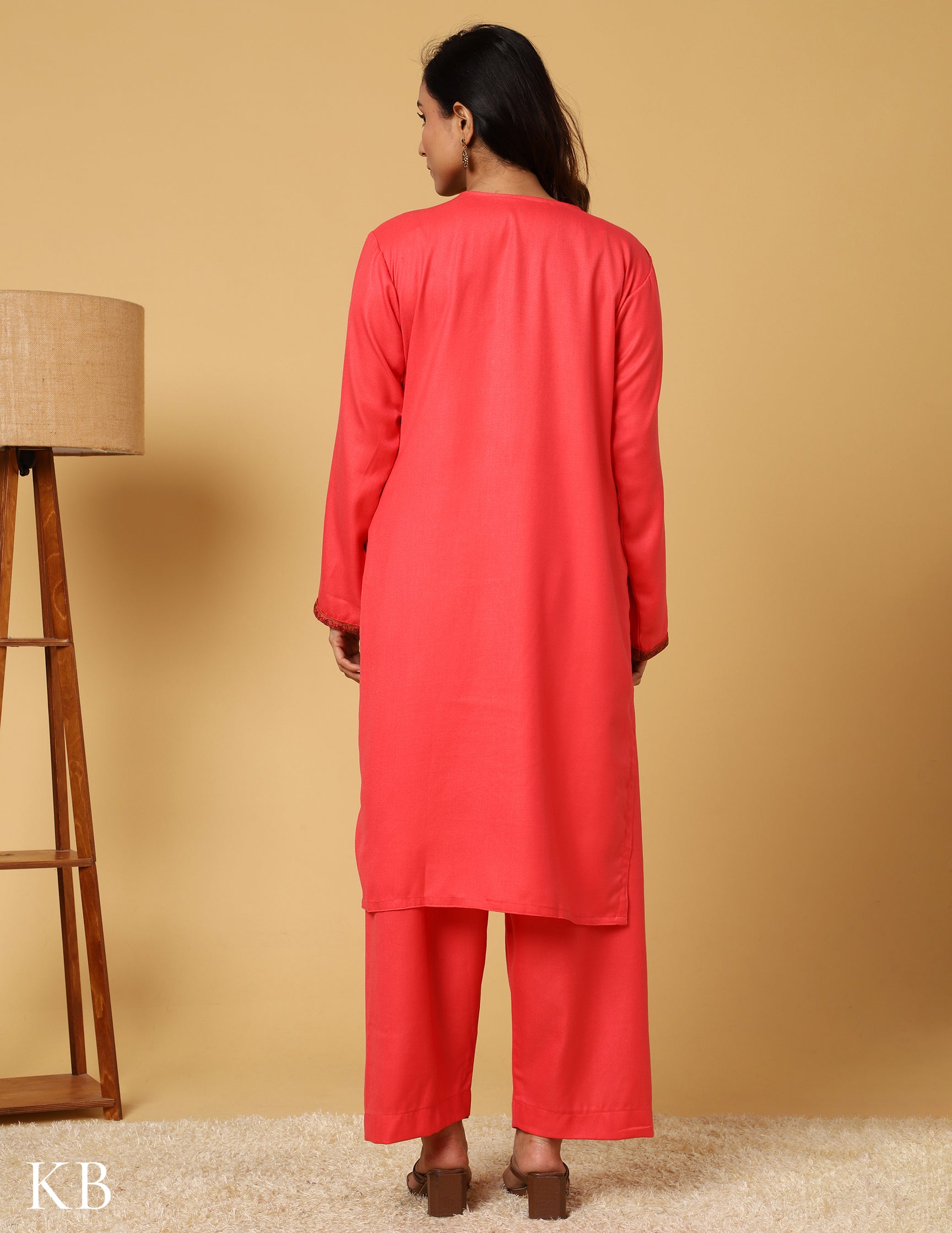 Coral Sunset Sozni Embroidered Woolen Suit. - Kashmir Box