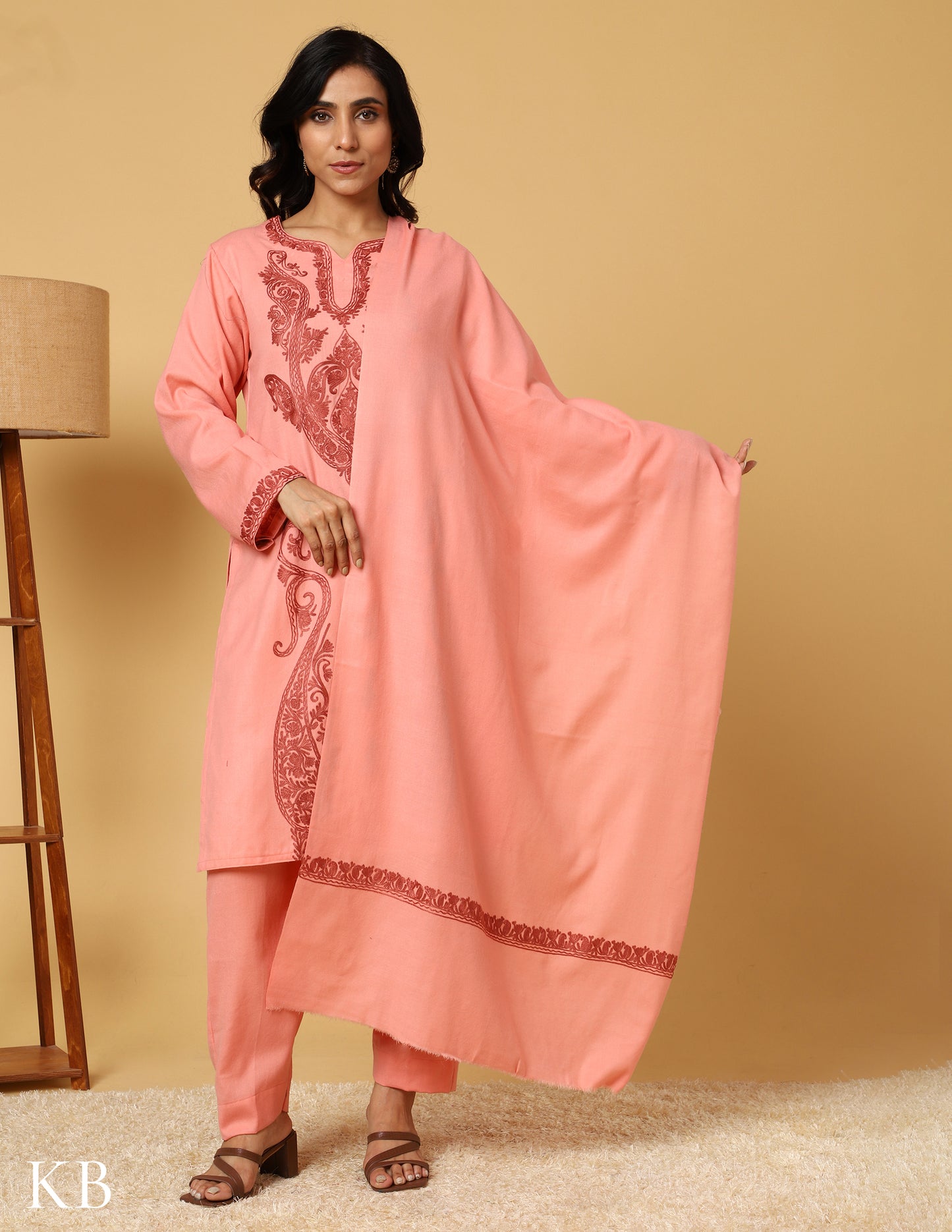 Peach Blossom Aari Embroidered Woolen Suit - Kashmir Box