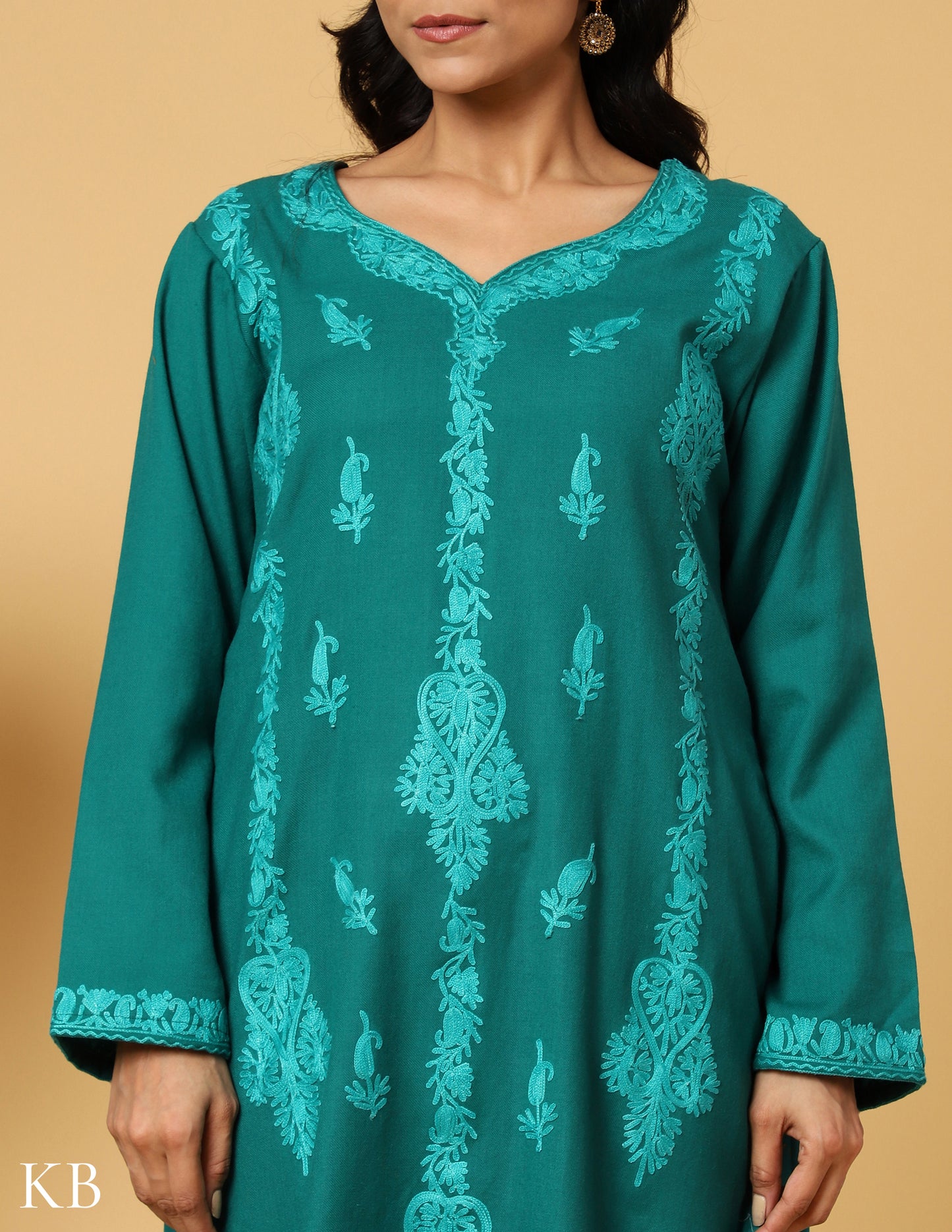 Tone On Tone Green Aari Embroidered Woolen Suit - Kashmir Box