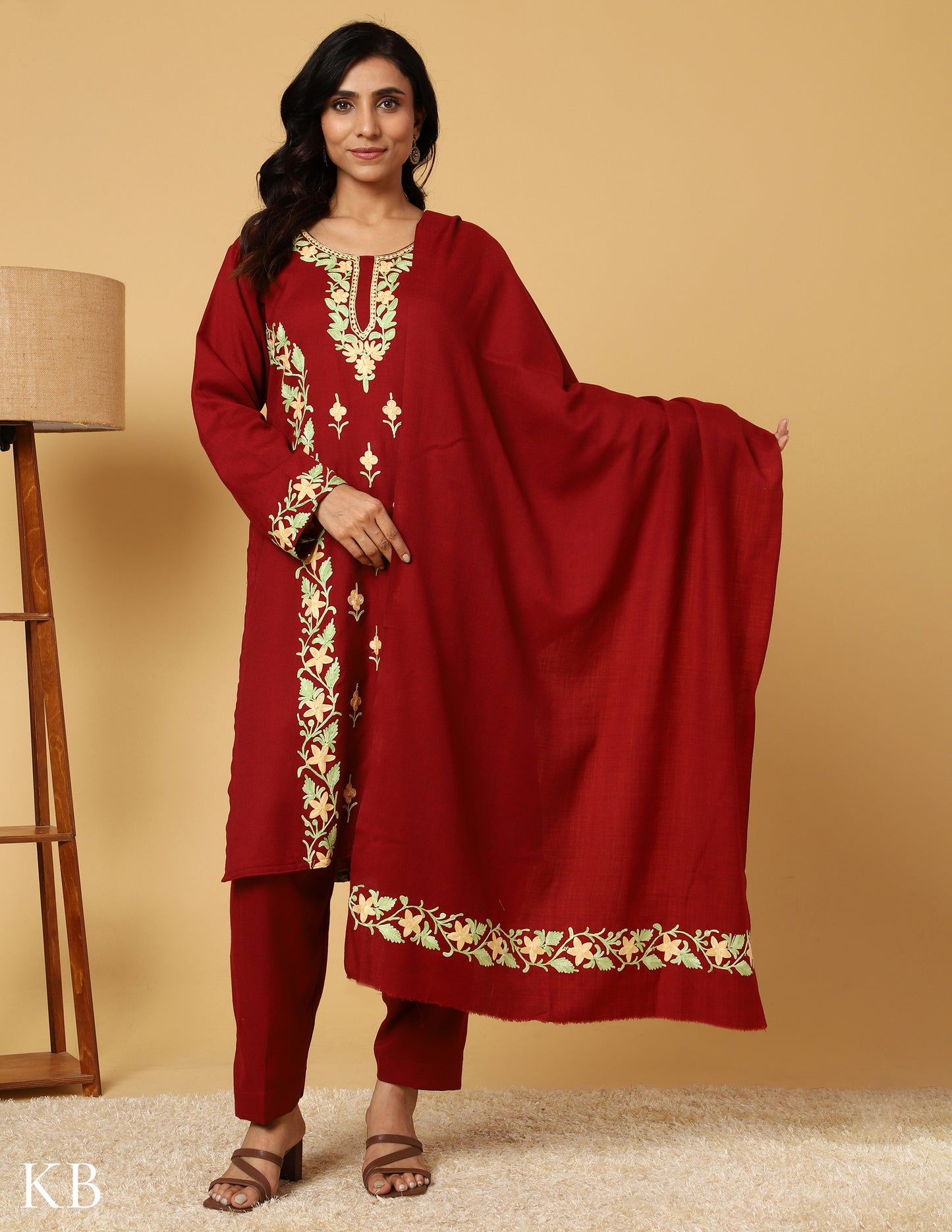 Deep Maroon Aari Embroidered Woolen Suit - Kashmir Box