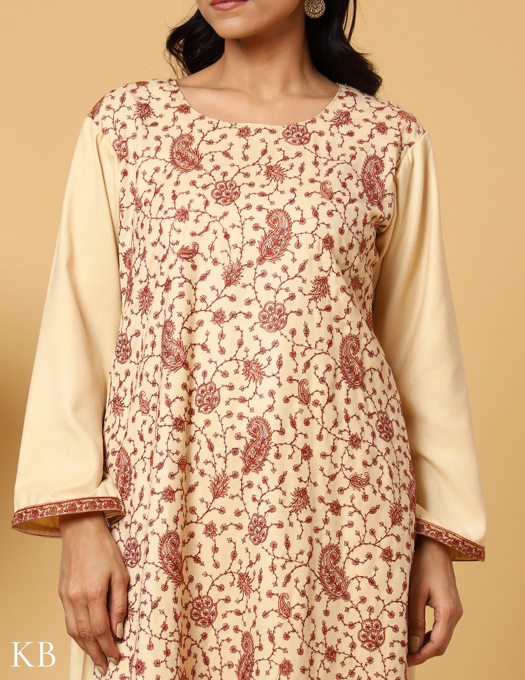 Buttercream Bliss Sozni Embroidered Woolen Suit. - Kashmir Box