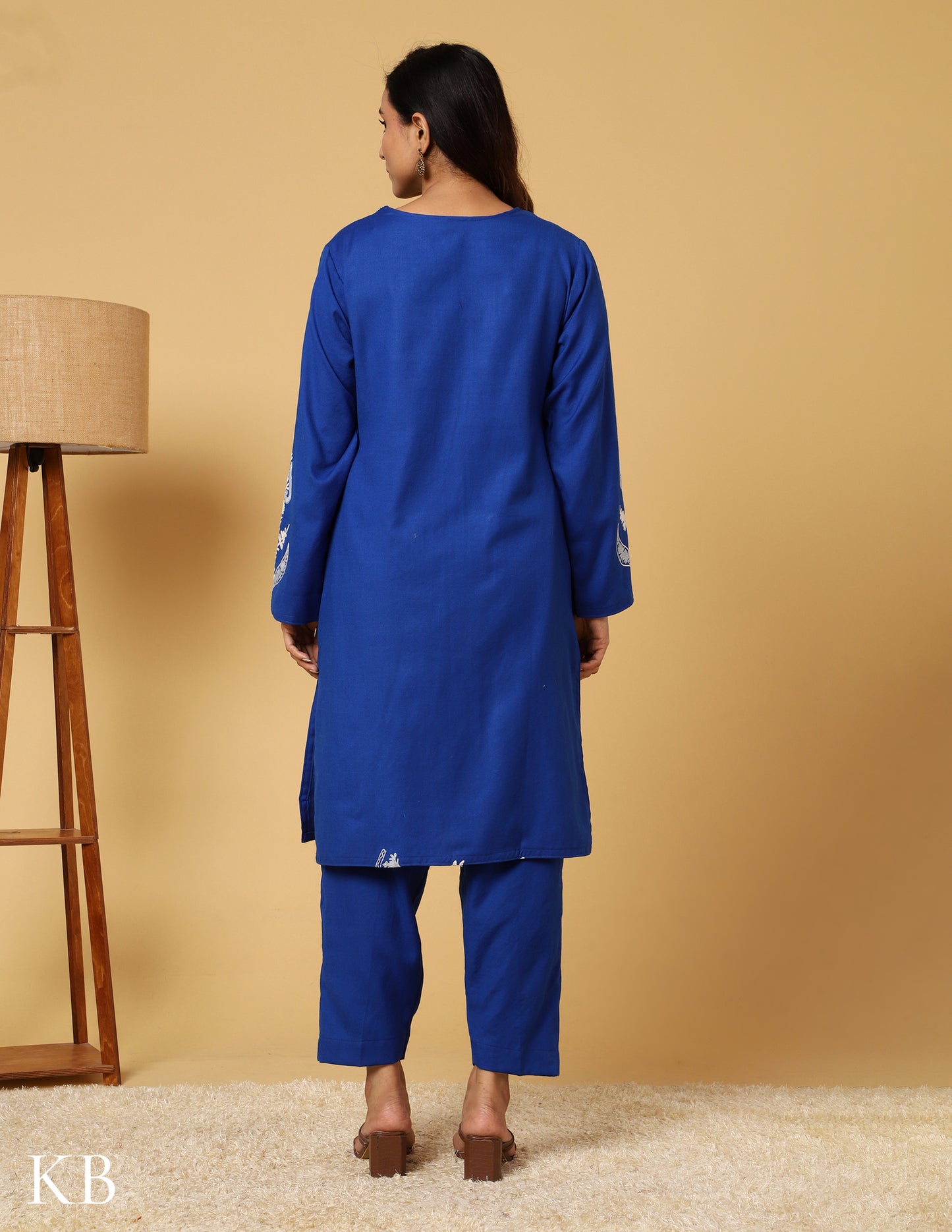 Egyptian Blue Aari Embroidered Woolen Suit - Kashmir Box