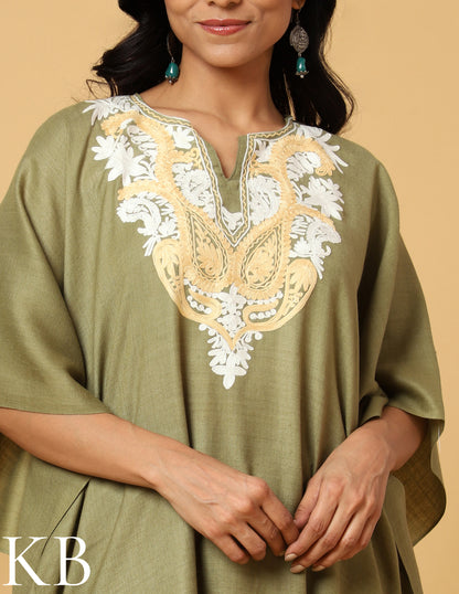 Moss Green Aari Embroidered Woolen Kaftan - Kashmir Box