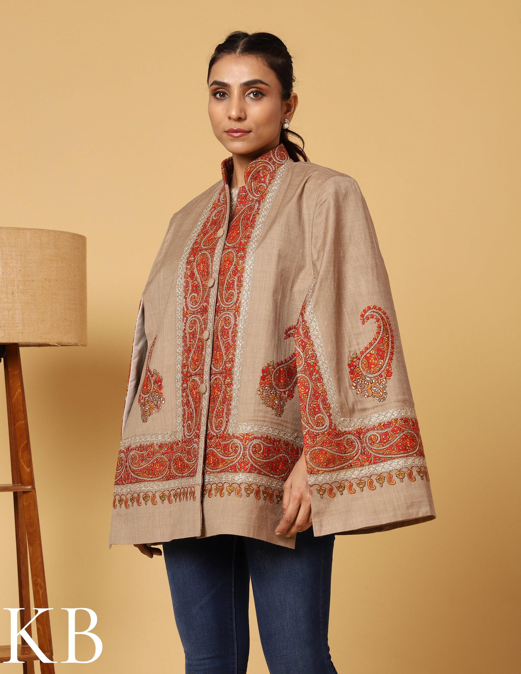 The Oxford Tan Sozni Zari Embroidered Woolen Cape Jacket - Kashmir Box