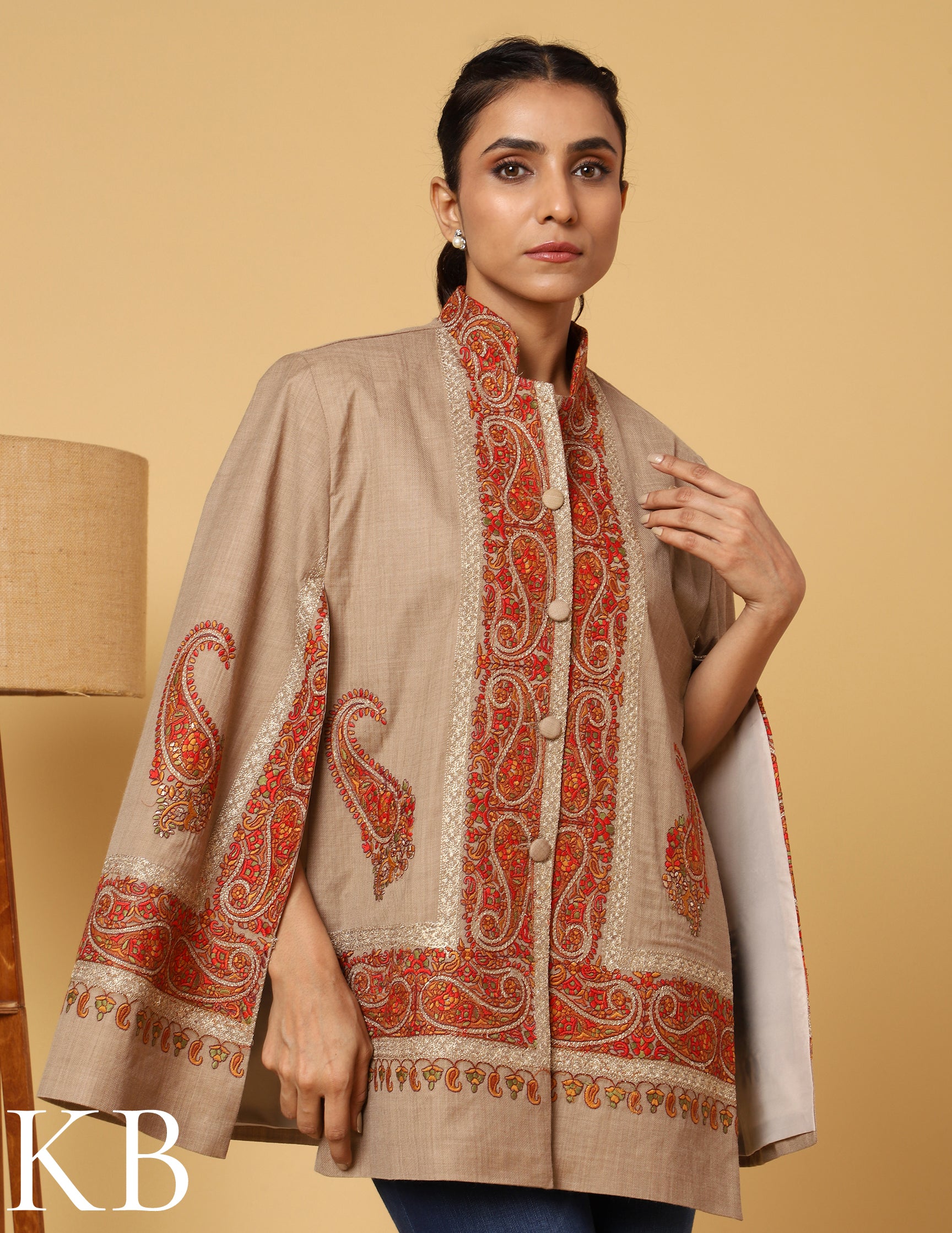 The Oxford Tan Sozni Zari Embroidered Woolen Cape Jacket - Kashmir Box