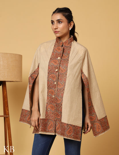 Beige Luxe Sozni Zari Woolen Cape Jacket. - Kashmir Box