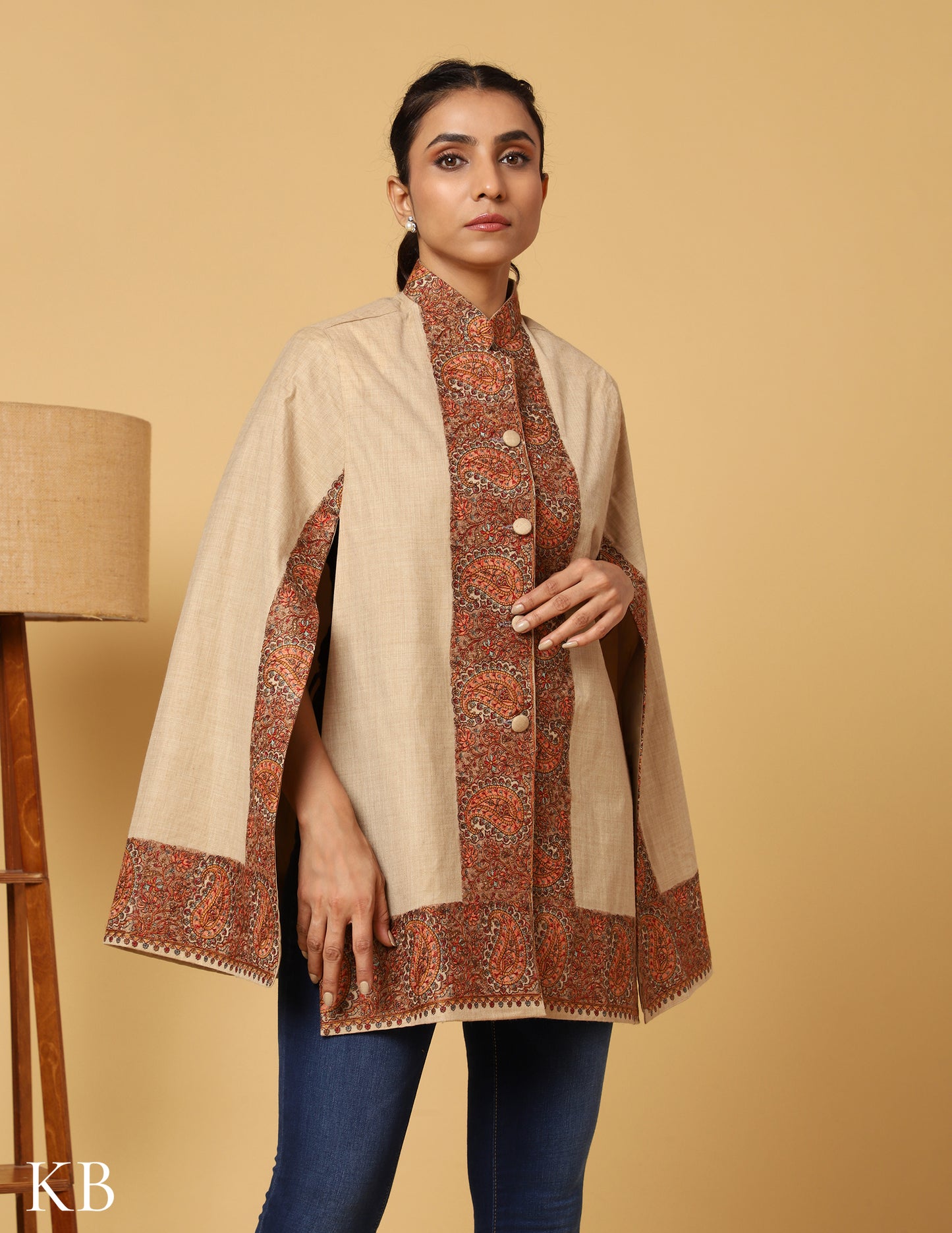 Beige Luxe Sozni Zari Woolen Cape Jacket. - Kashmir Box