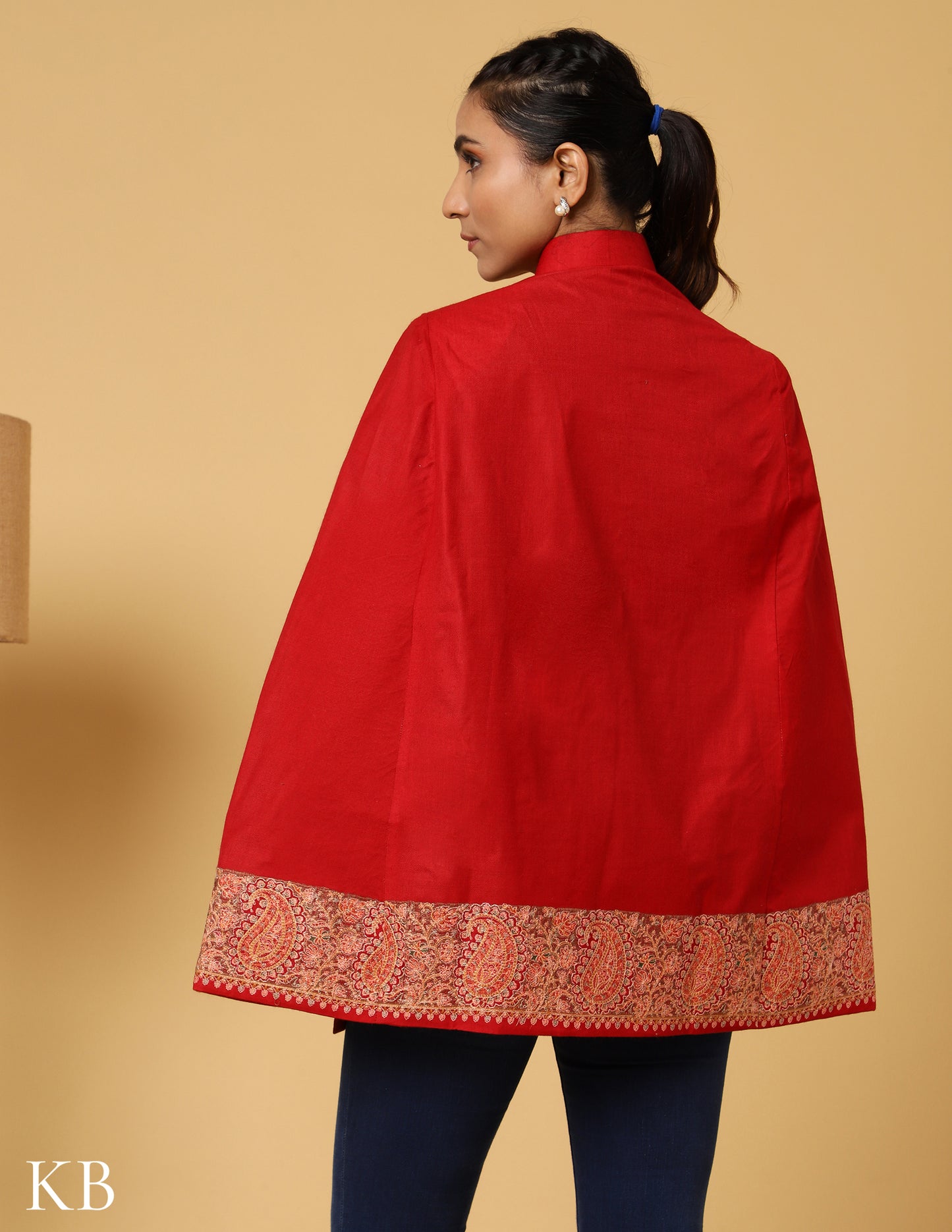 Chilli Red Sozni Zai Woolen Cape Jacket. - Kashmir Box