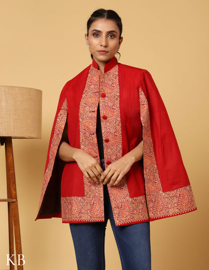 Chilli Red Sozni Zai Woolen Cape Jacket. - Kashmir Box