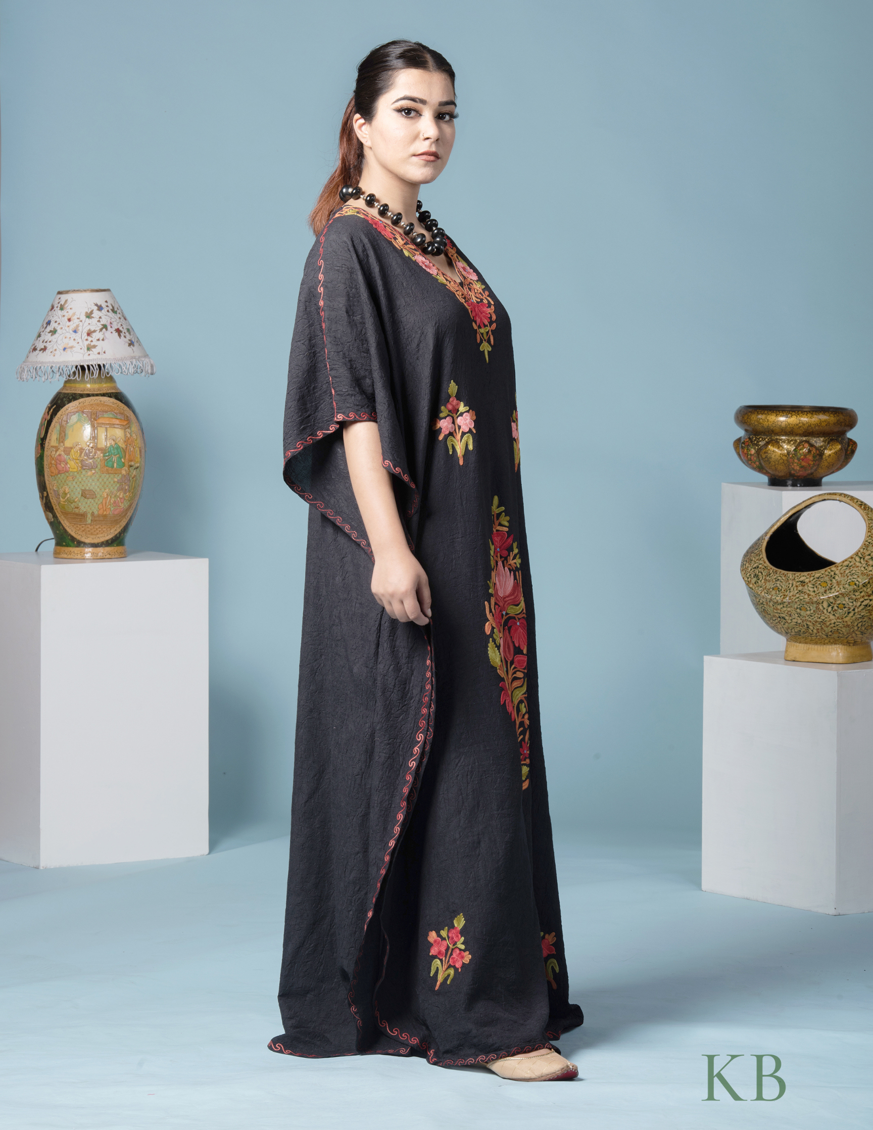 Black Floral Aari Embroidered Summer Cotton Kaftan - Kashmir Box