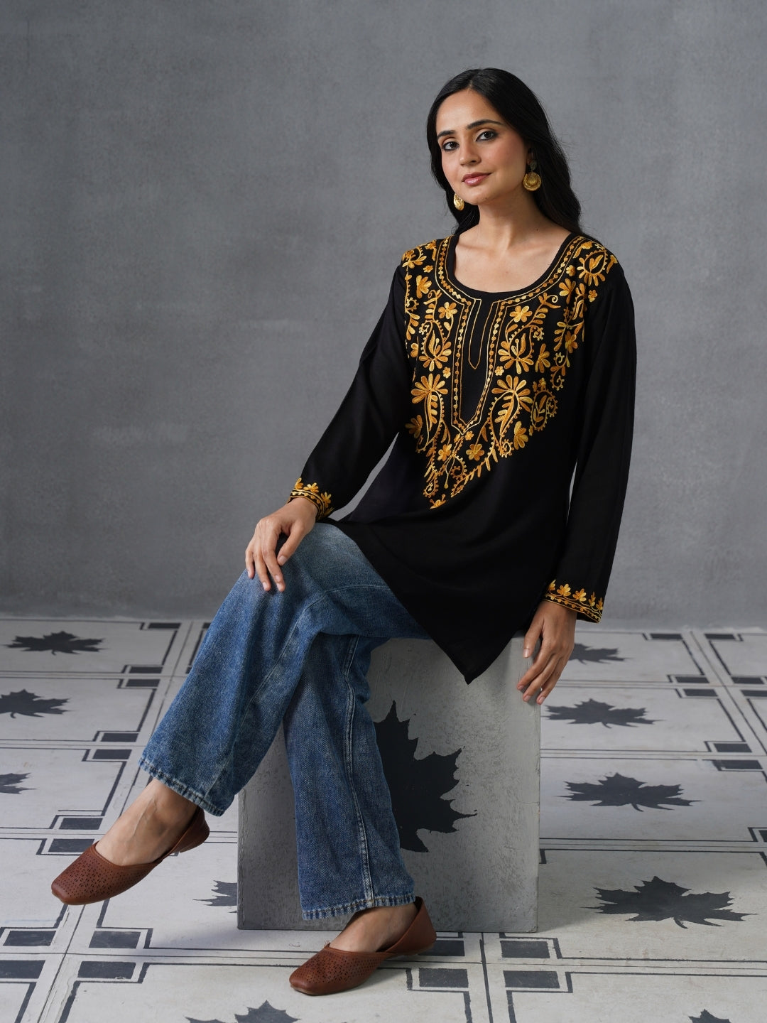Women’s Black Kashmiri Aari Embroidered Yellow Floral Short Kurti – Casual Office Wear