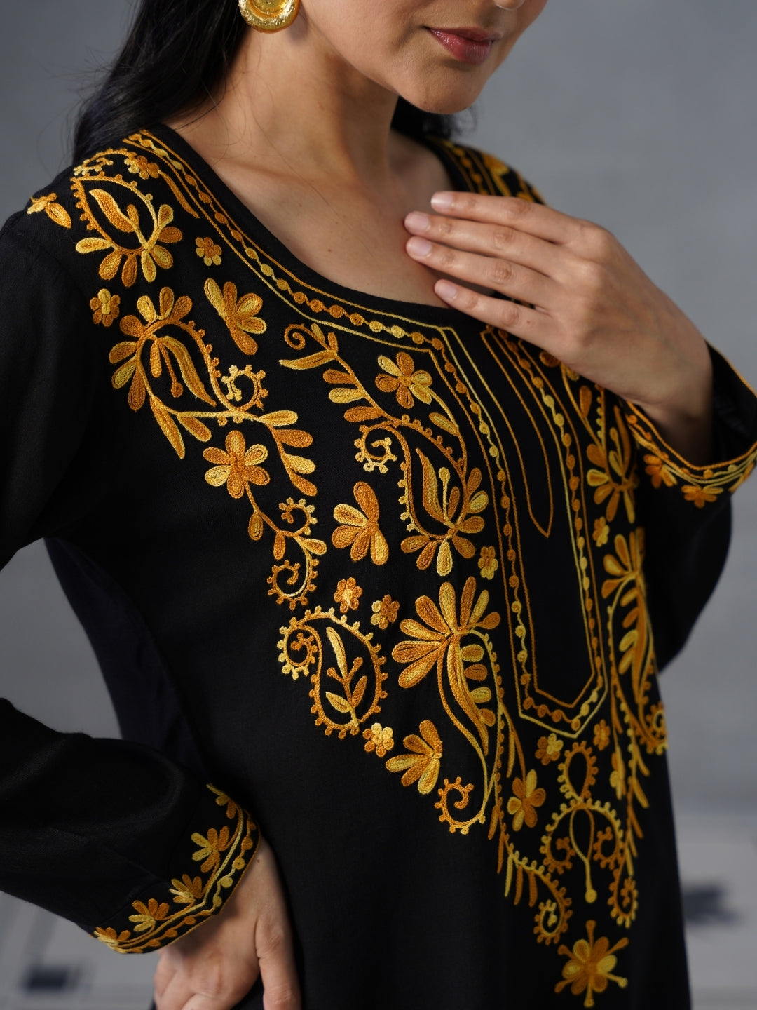 Women’s Black Kashmiri Aari Embroidered Yellow Floral Short Kurti – Casual Office Wear