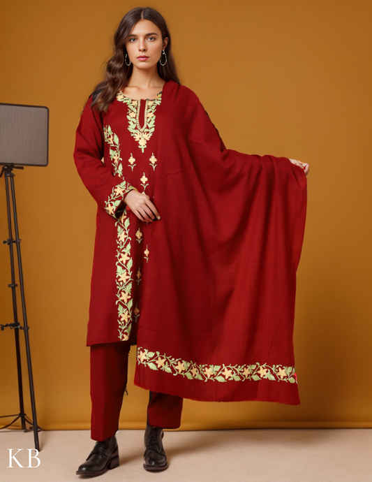 Deep Maroon Aari Embroidered Woolen Suit - Kashmir Box