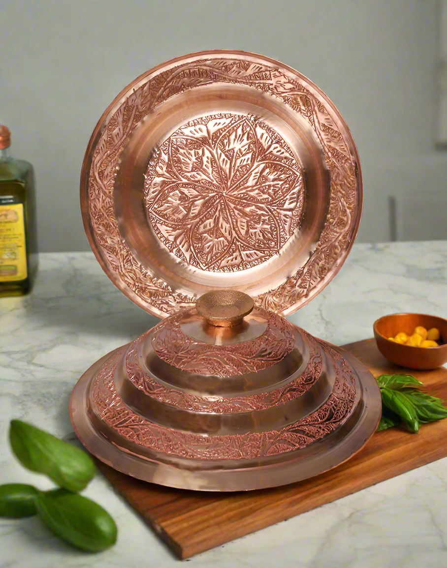 Vine Designed Copper Plate And Lid Set - Kashmir Box