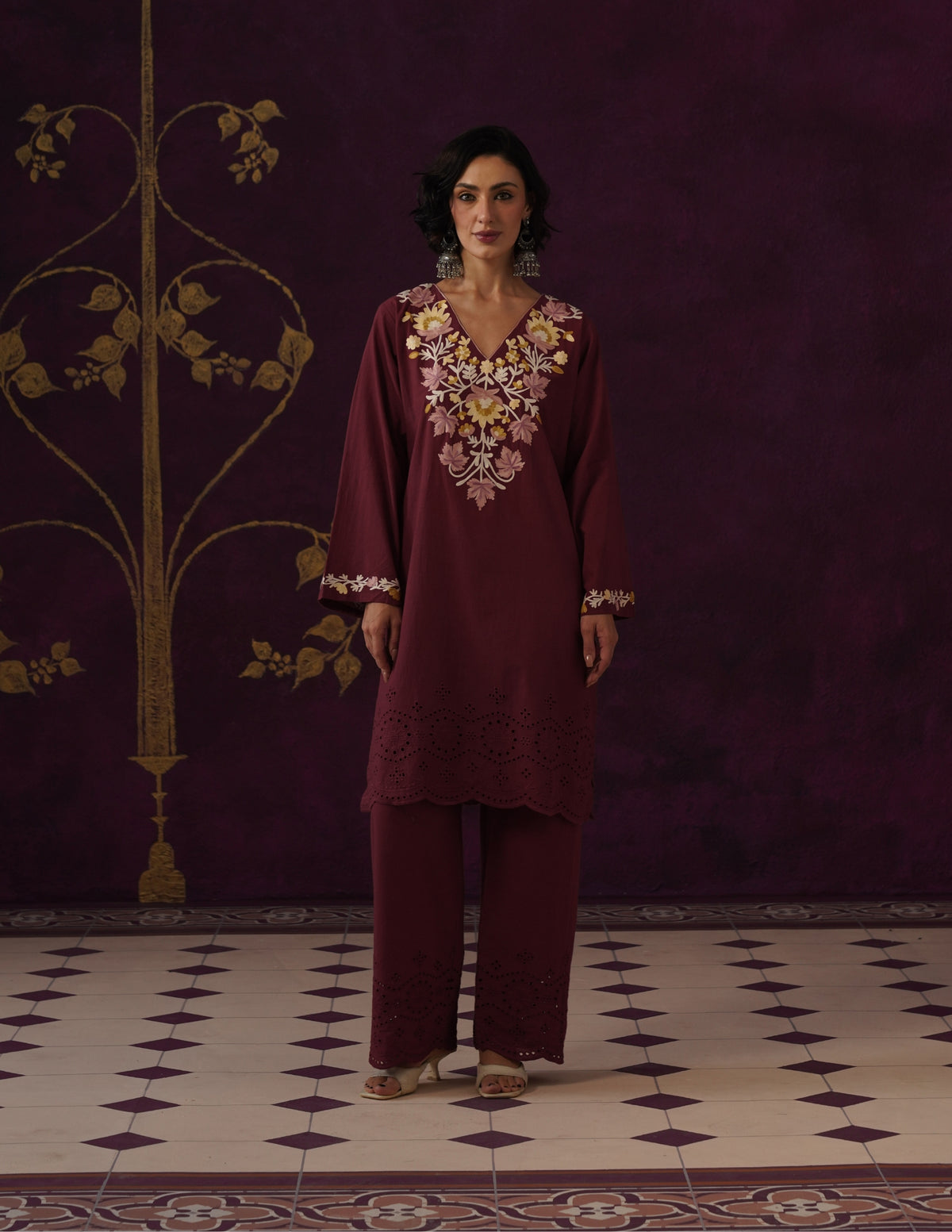Burgundy Schiffli & Aari Embroidered Cambric Cotton Co-ord Set