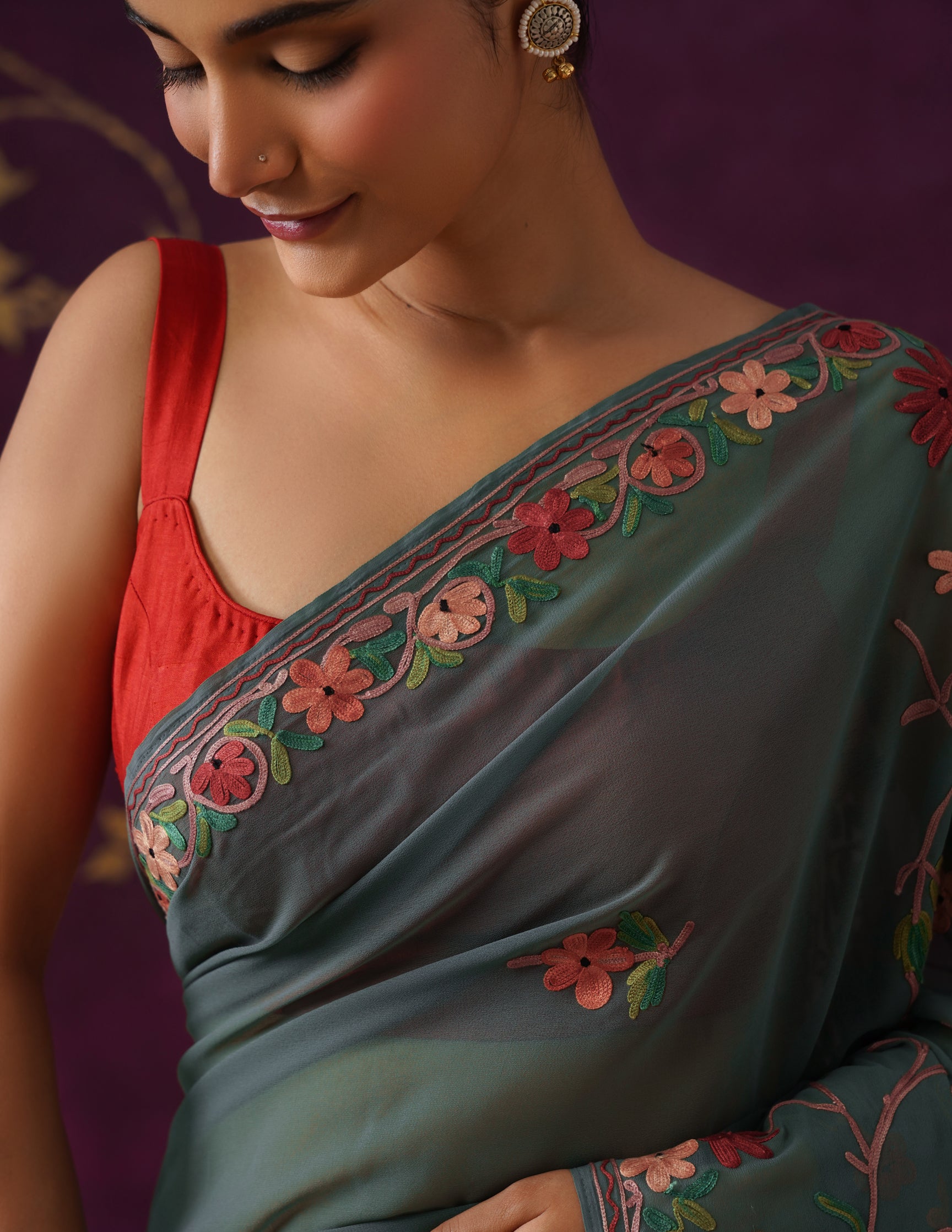 Kashmiri Aari Embroidered Georgette Saree – Pine Green