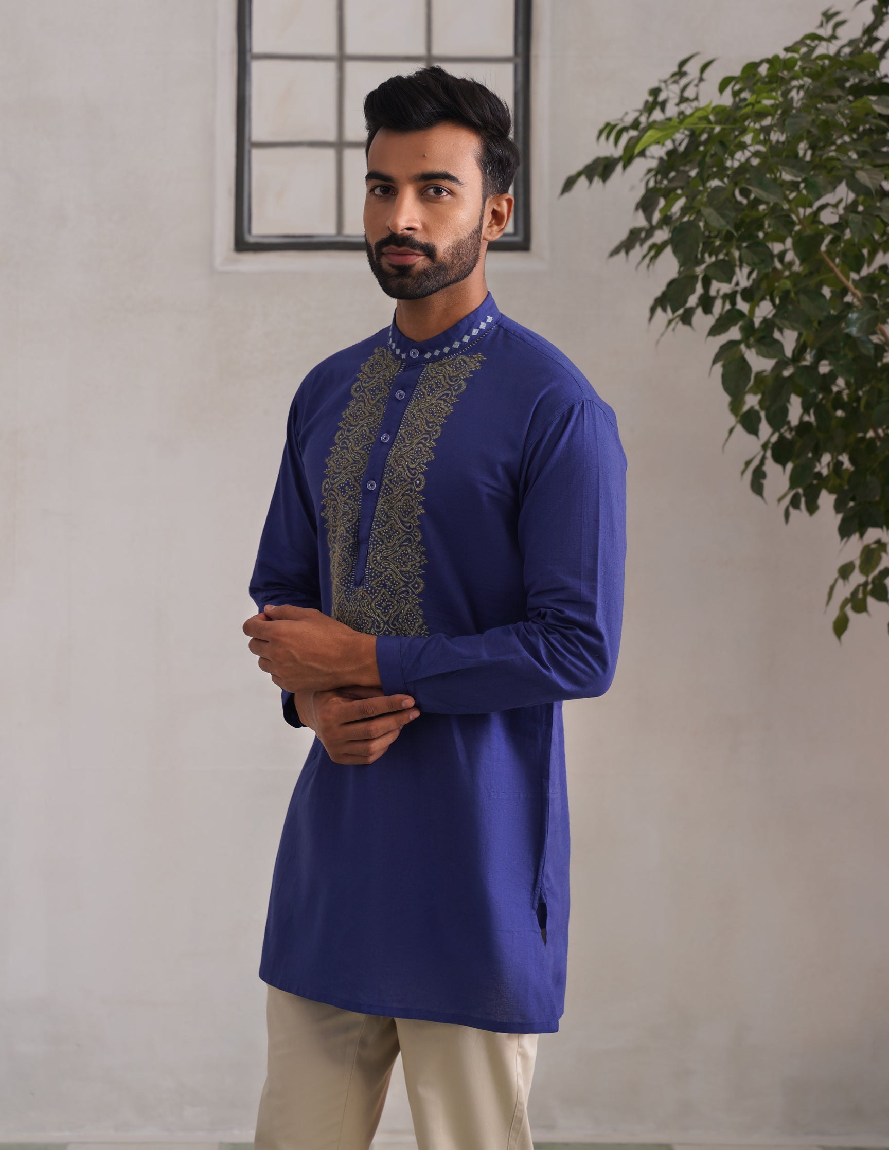 Kashmiri Sozni Embroidered Linen Cotton Short Kurta – Blue | Handcrafted Heritage - Kashmir Box