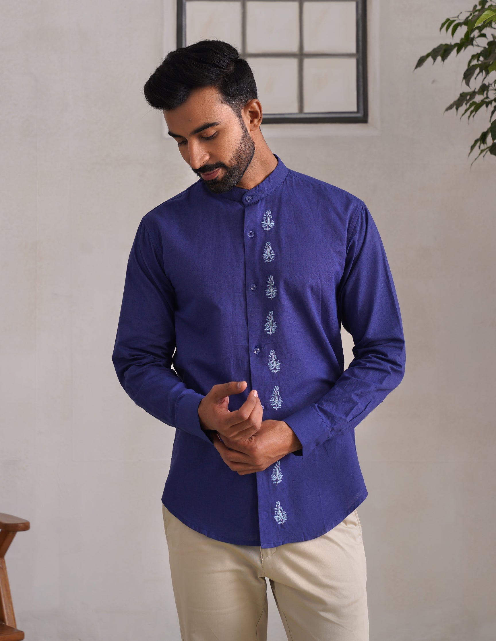 Kashmiri Sozni Almond Motif Linen Cotton Shirt – Blue | Handcrafted Heritage - Kashmir Box
