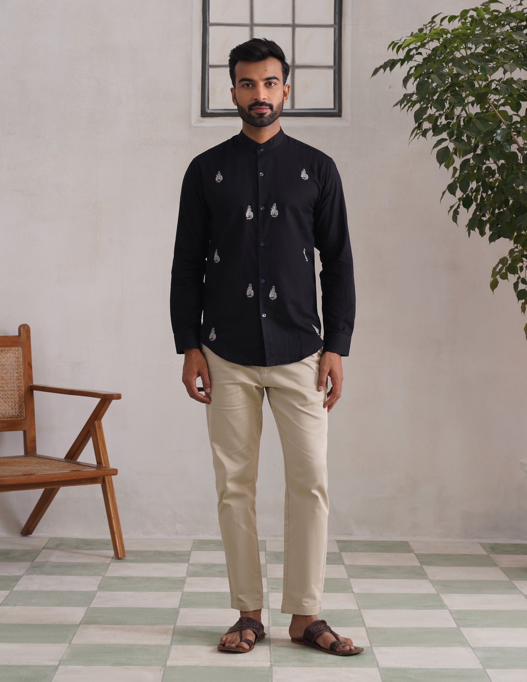 Kashmiri Sozni Almond Motif Linen Cotton Shirt β Black | Handcrafted Heritage - Kashmir Box