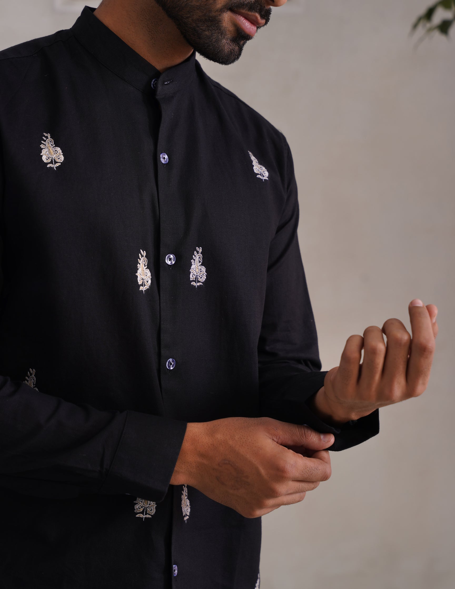 Kashmiri Sozni Almond Motif Linen Cotton Shirt β Black | Handcrafted Heritage - Kashmir Box