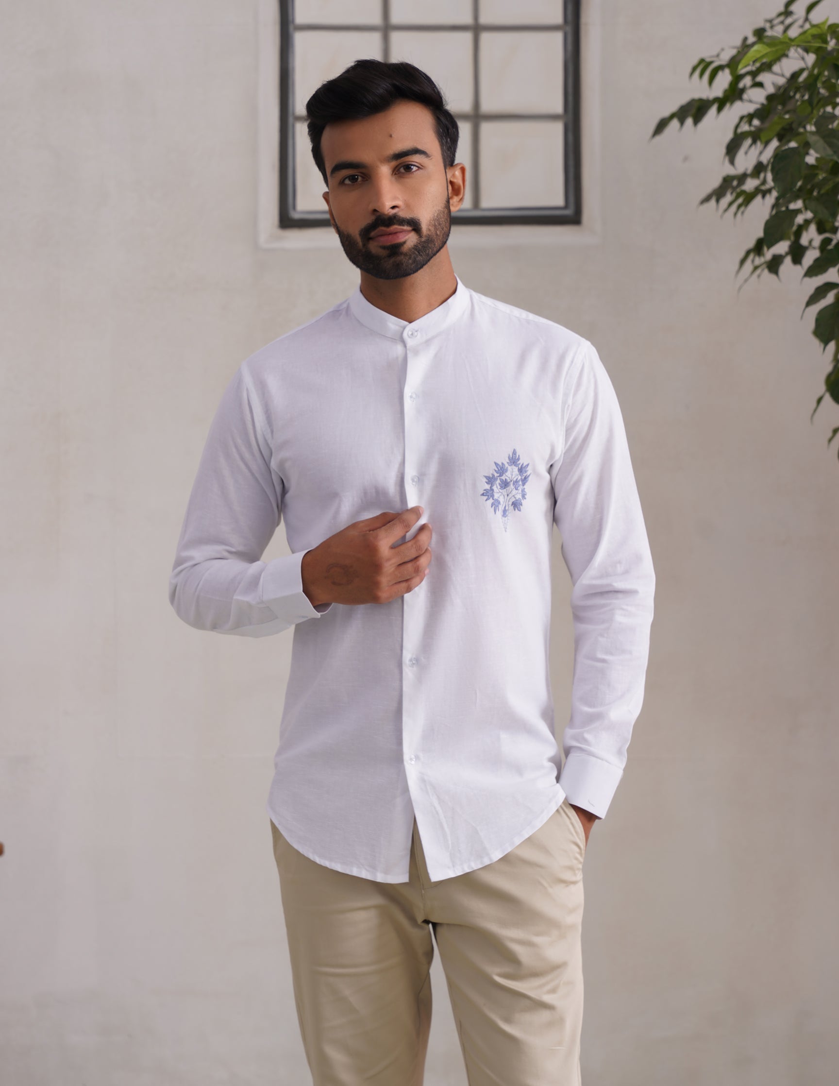 Kashmiri Sozni Chinar Linen Cotton Shirt – White | Handcrafted Heritage - Kashmir Box