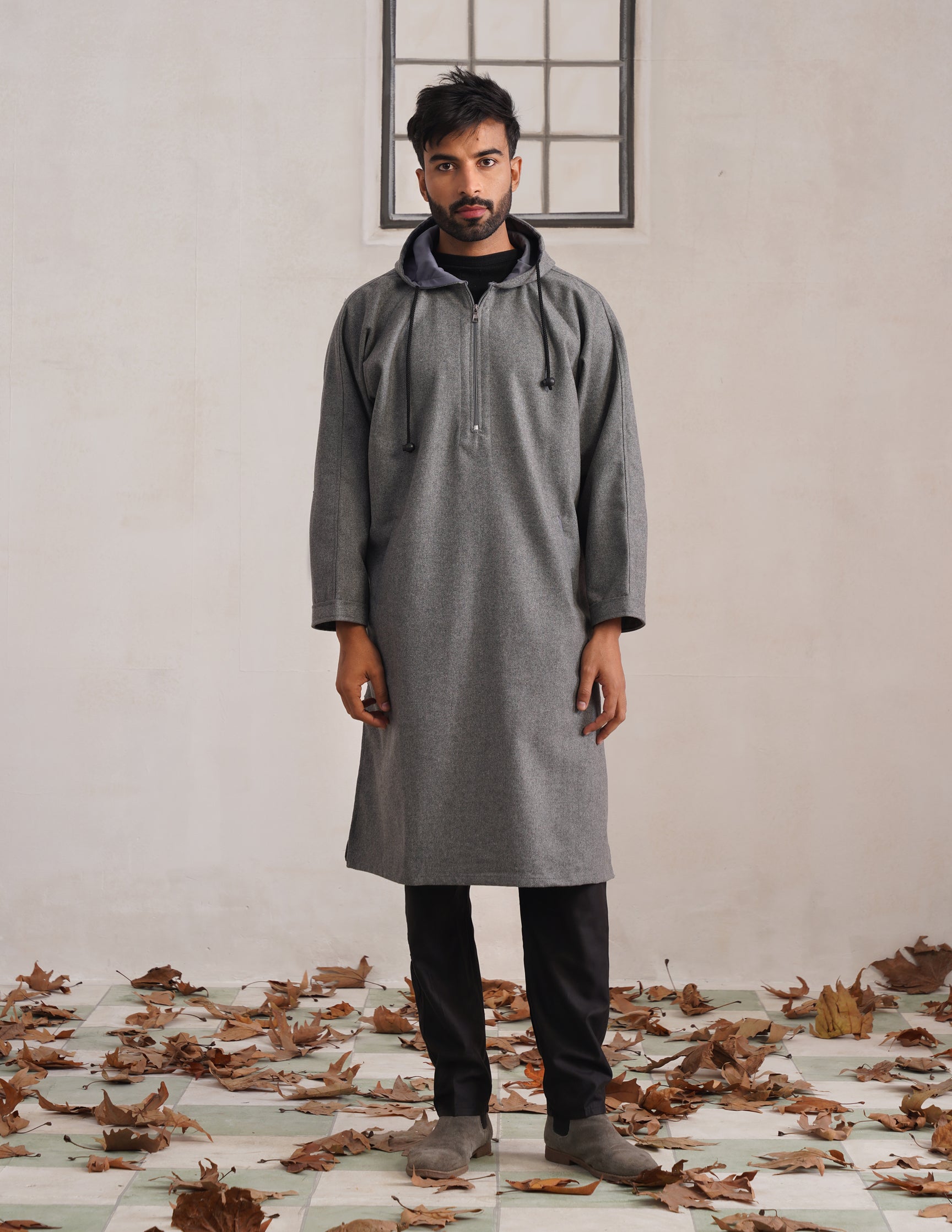 Grey Hooded Long Coat-Style Men’s Phiran – Kashmiri Tweed Winter Pheran | HAIDER - Kashmir Box