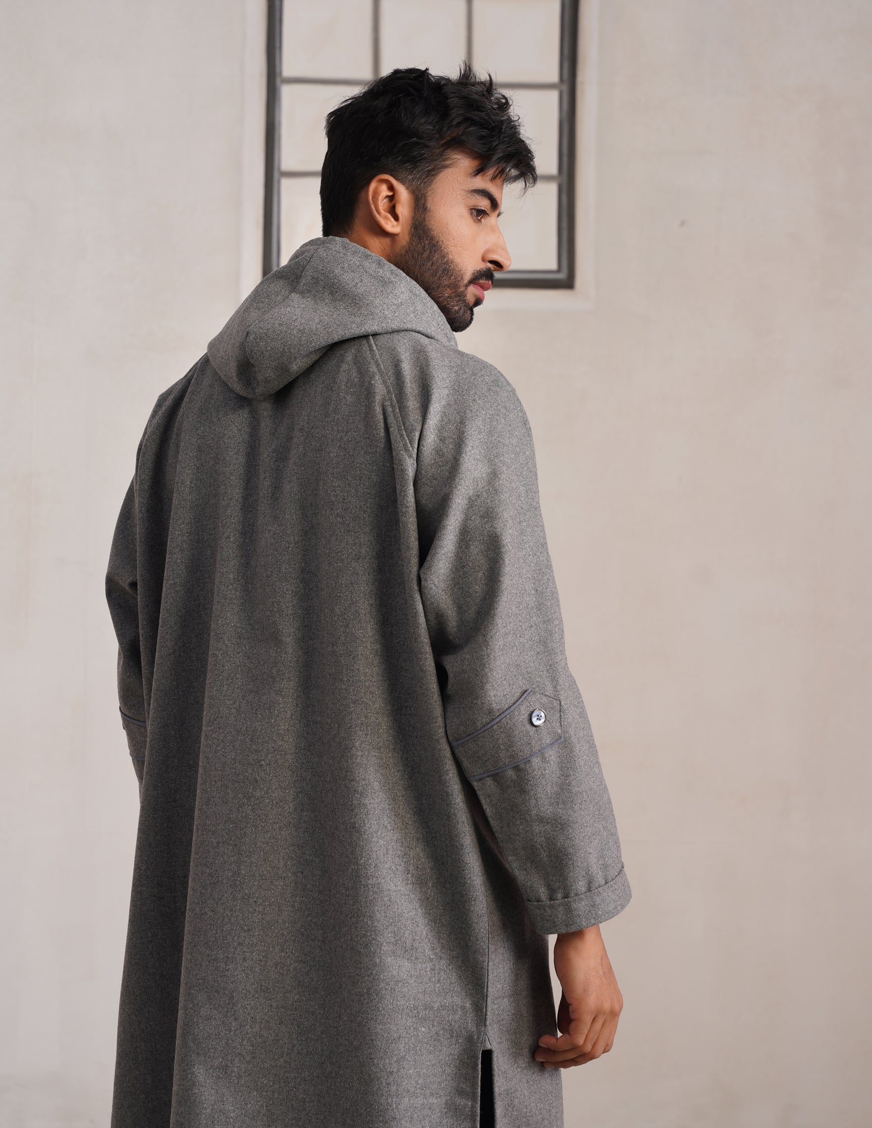 Grey Hooded Long Coat-Style Men’s Phiran – Kashmiri Tweed Winter Pheran | HAIDER - Kashmir Box