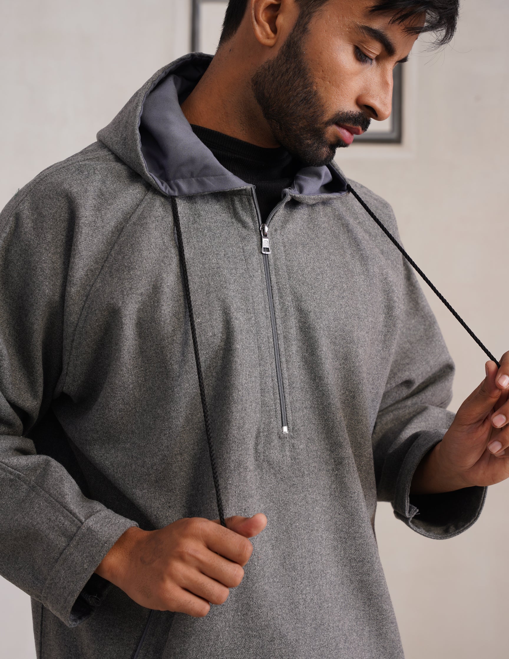 Grey Hooded Long Coat-Style Men’s Phiran – Kashmiri Tweed Winter Pheran | HAIDER - Kashmir Box
