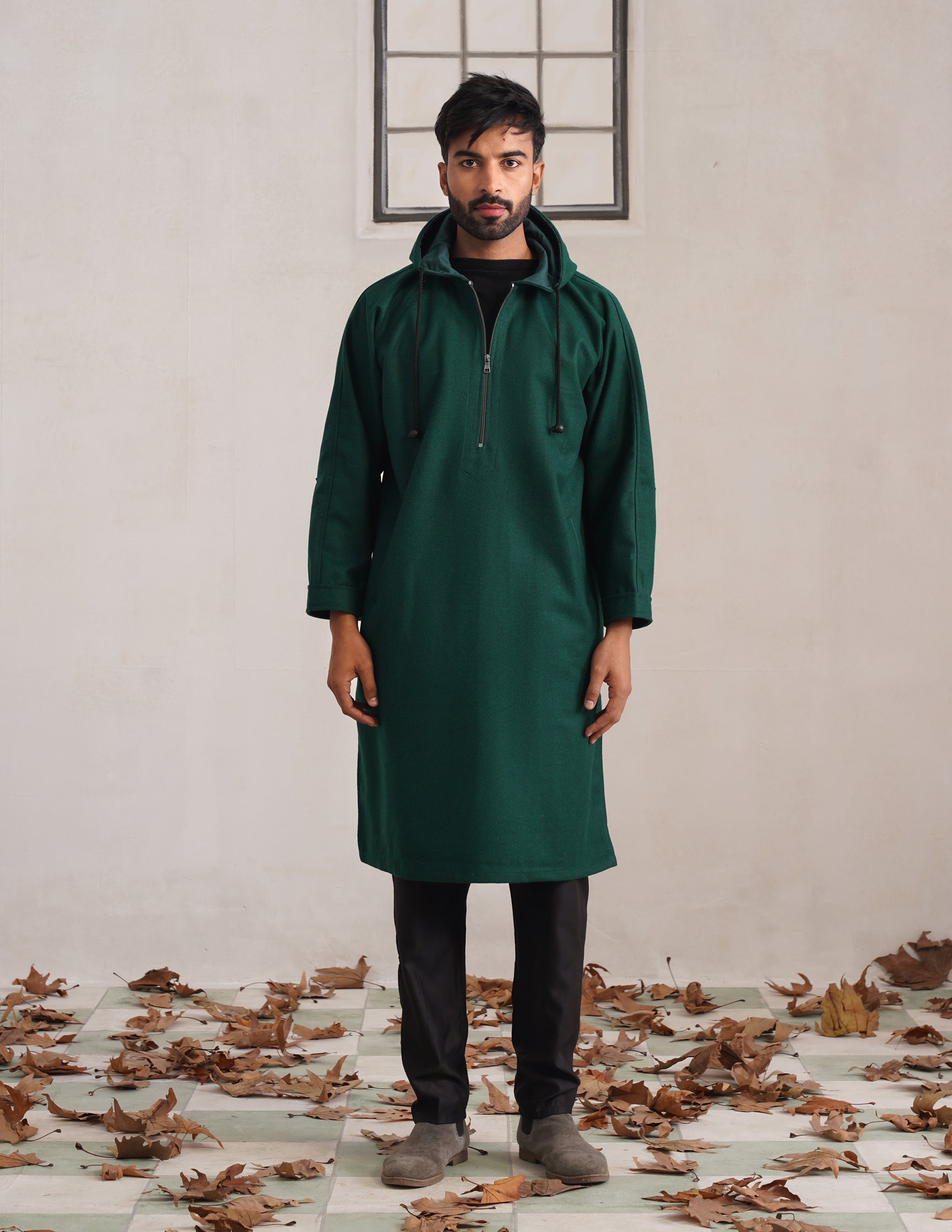 Green Hooded Long Coat-Style Men’s Phiran – Kashmiri Tweed Winter Pheran | HAIDER - Kashmir Box