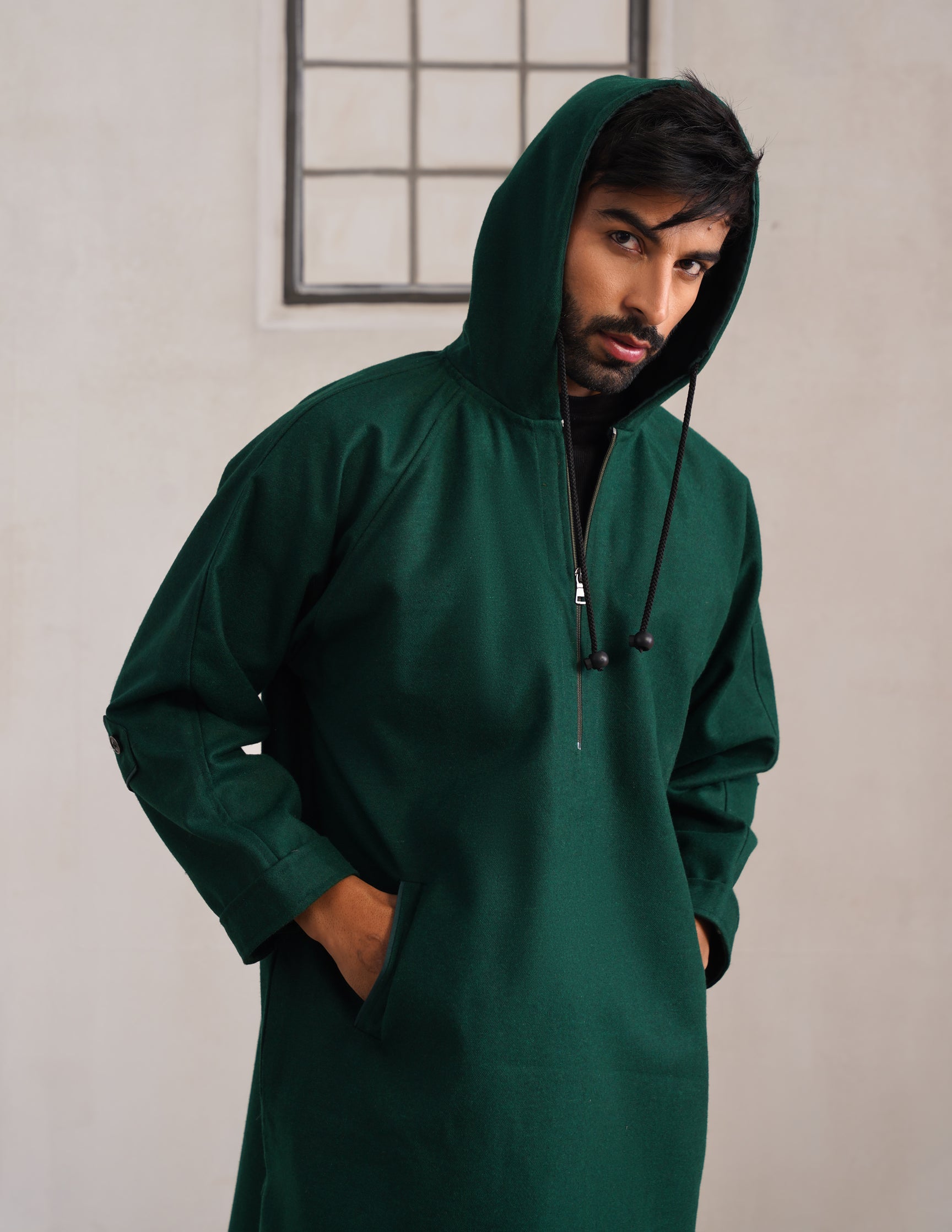 Green Hooded Long Coat-Style Men’s Phiran – Kashmiri Tweed Winter Pheran | HAIDER - Kashmir Box